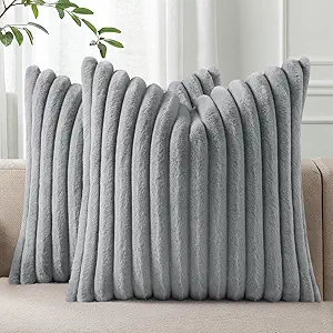 Pallene Faux Fur Plush Throw Pillow Covers 22x22 Set of 2, Luxury Soft Fluffy Striped Decorative Pillow Covers for Sofa, Couch, Living Room, Grey