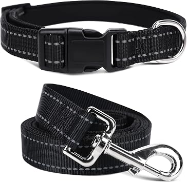 Soft Neoprene Padded Dog Collar and Leash Set for Small Medium Large Dogs, Reflective Durable Nylon Dog Collar with 5ft Leash Easy for Walking, Black,Neck fit 10.5-15.5