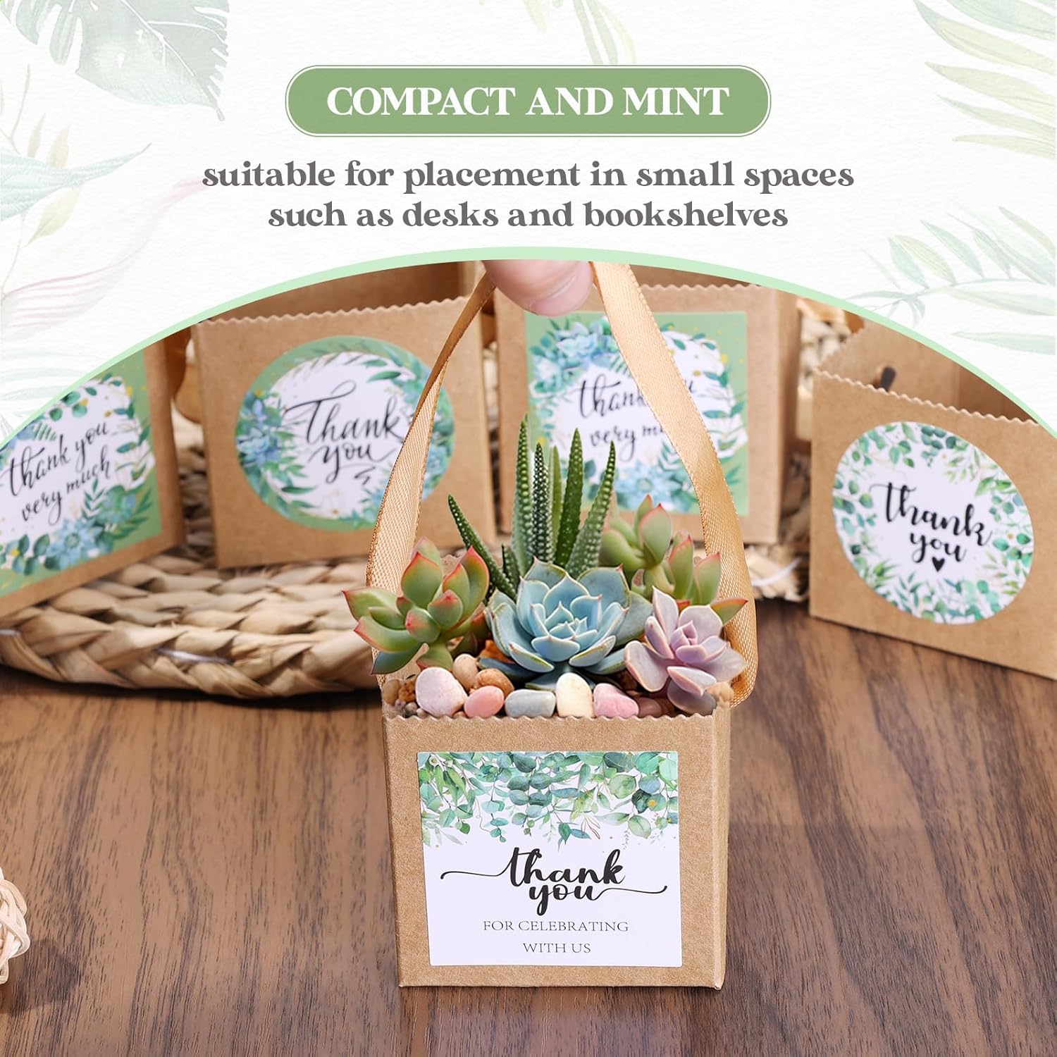 24pcs Succulent Wrap Bags Bulk,with 4 Styles Thank You Stickers，Mini Kraft Paper Succulent Gift Box Basket,Succulent Gift Box Fits 2.5 Inch Pots Wedding, Baby Shower, Succulent Party Favors for Guests - Image 6