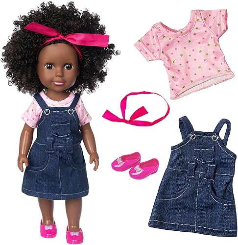 Ecore Fun Muñeca africana de 14.5 pulgadas con juego de ropa, juguete de silicona realista lavable, el mejor regalo para niños