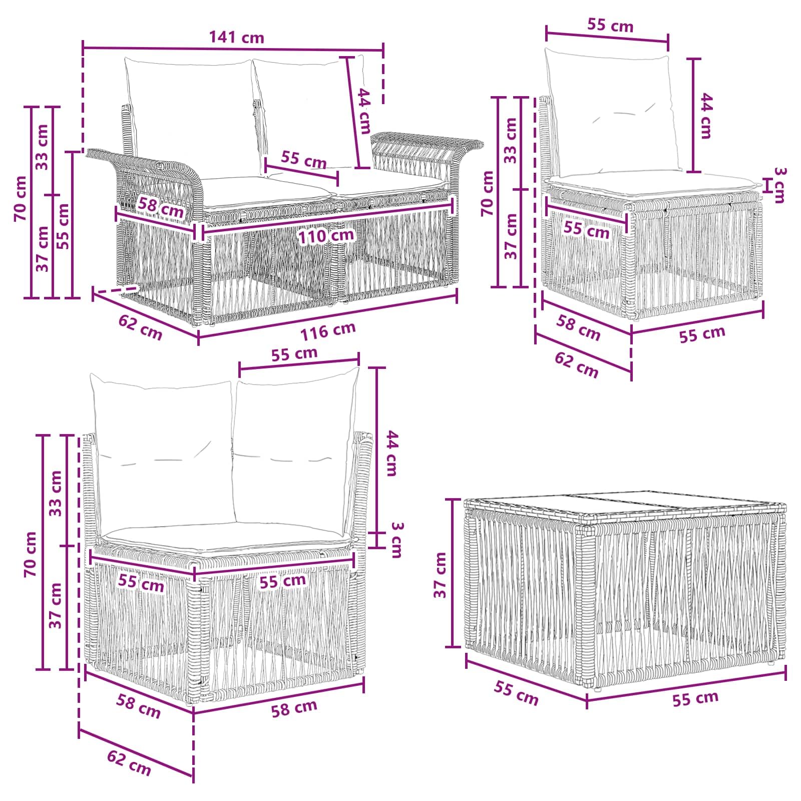 Set di divani da giardino in polyrattan, 9 pezzi, grigio | Set modulare in rattan per terrazza e giardino con 8 posti, federe rimovibili e tavolo in acciaio.