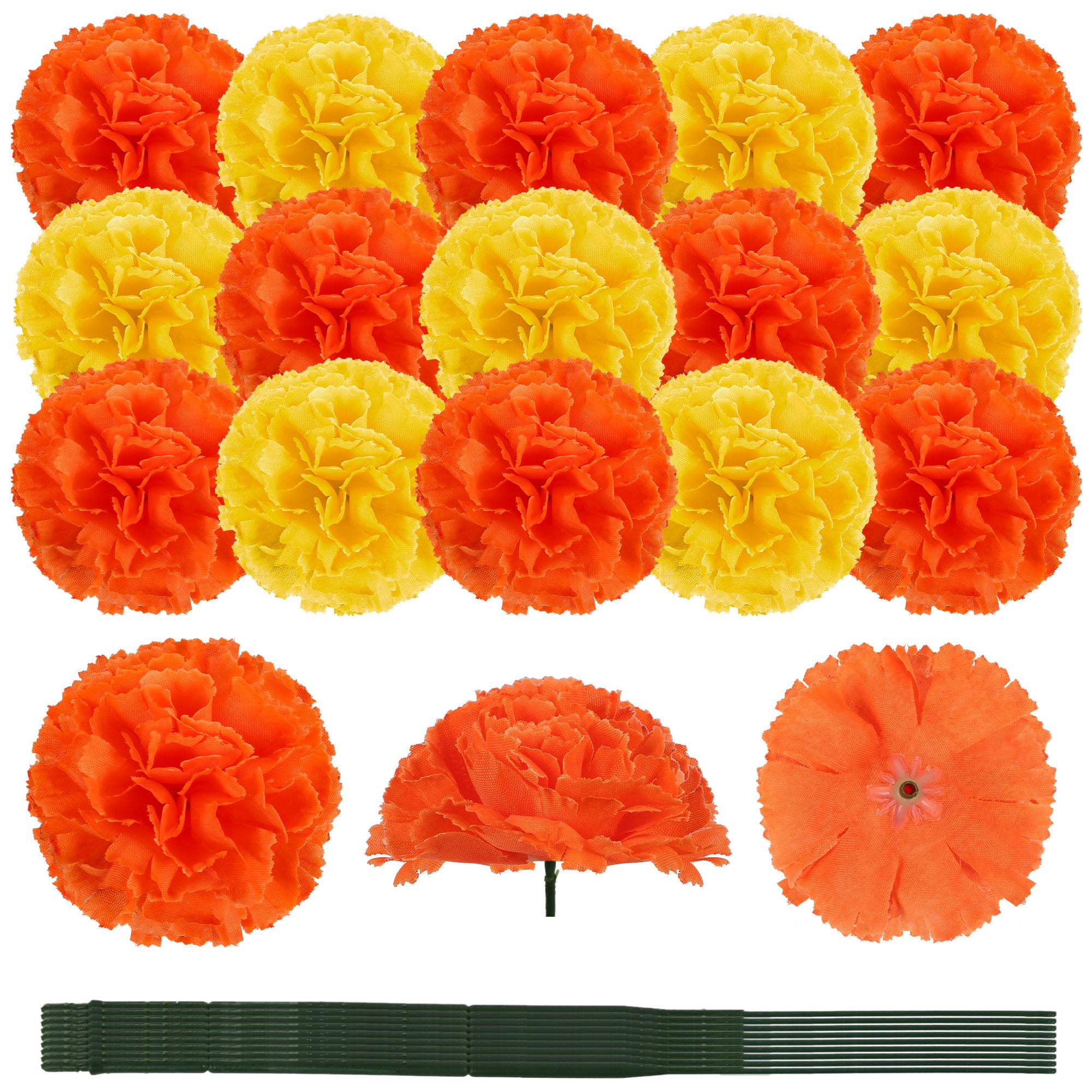 100PCS Artificial Marigold Flowers Heads Silk Orange Yellow Flower for Dia De Los Muertos Day of The Dead Diwali Home Decor Indian Theme Weddings DIY Wreath Garland Decoration