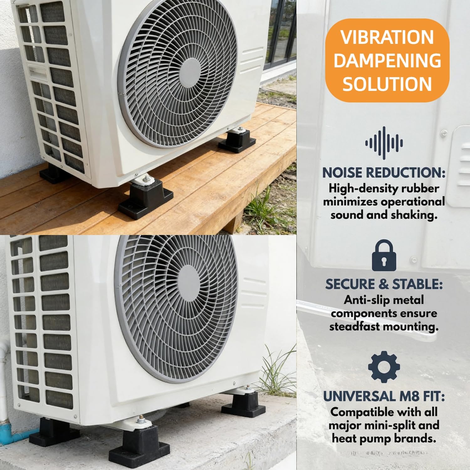 Lot de 4 pieds de sol lourds pour climatisation et pompe à chaleur, pieds anti-vibrations avec capacité de charge de 200 kg par pied, résistants aux UV et antidérapants, support en caoutchouc pour