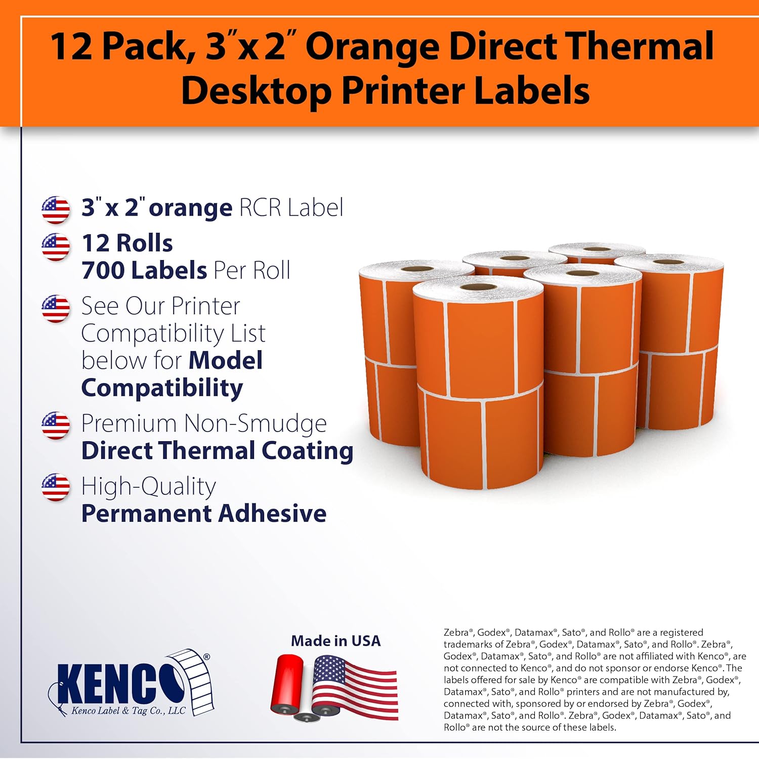 3” X 2" Direct Thermal Perforated Stickers Labels for Barcodes, Address, Small Business Labeling, Inventory and Color Coding - Compatible with Zebra, Rollo, Munbyn, and More (Orange, 12 Rolls)