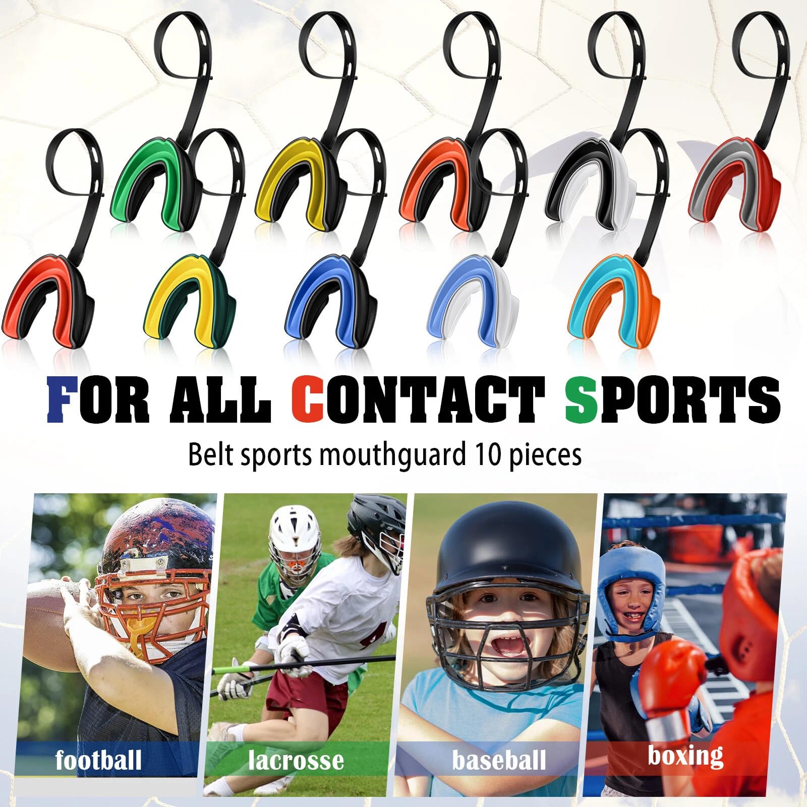 10 paradenti con cinghia, con cinghia, doppio colore, per calcio, protezione per adulti e adolescenti, hockey, boxe, taekwondo, 10 pezzi