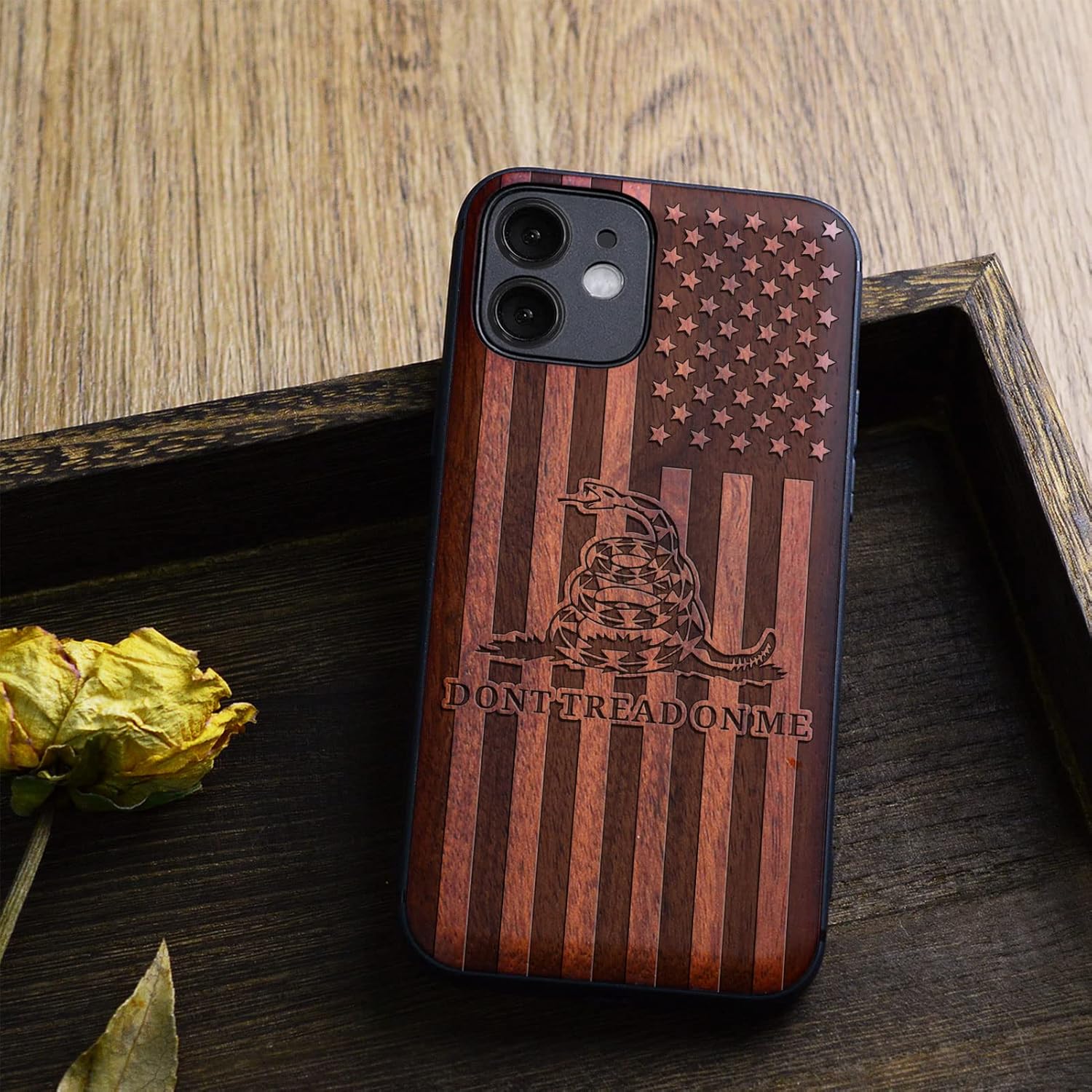 Carveit Magnetic Wood Case for iPhone 12 Case [Hard Real Wood & Soft TPU] Shockproof Protective Unique & Classy Wooden Cover Compatible with MagSafe (Gadsden and American Flag-Rosy)
