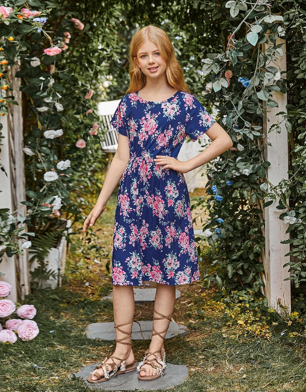 21KIDS Girl Maxi Dress Floral Short Sleeve Dresses with Pockets for Girls 6-14 Years - Image 5