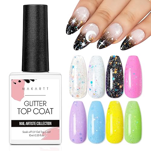 Makartt Esmalte de uñas de gel con purpurina de 0.3 onzas líquidas, no se limpia, de larga duración, alto brillo, sin astillas, remojo por acetona