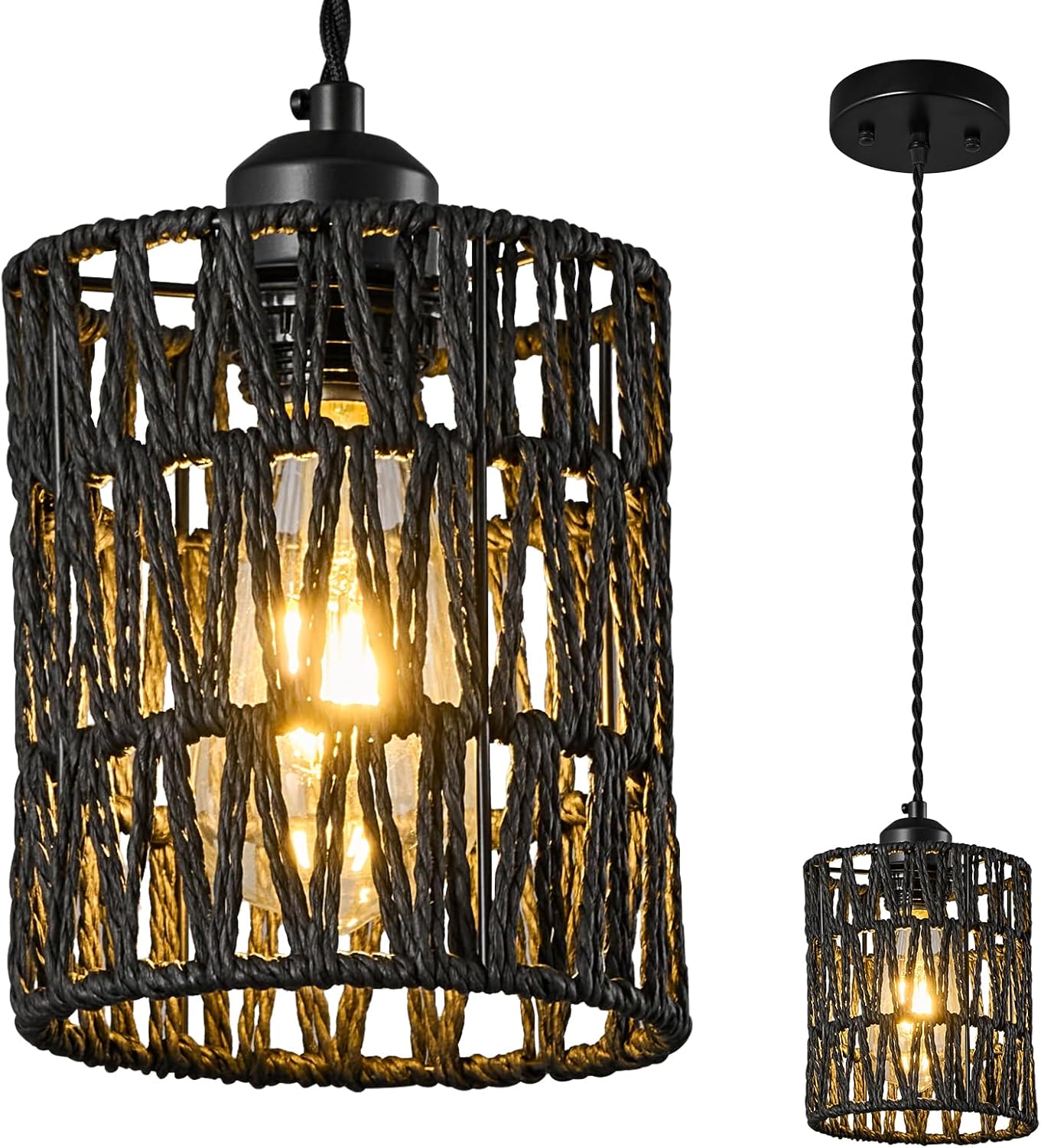 BNHHLZ Black Woven Pendant Lights Boho Hanging Lamp, Rattan Chandelier ...