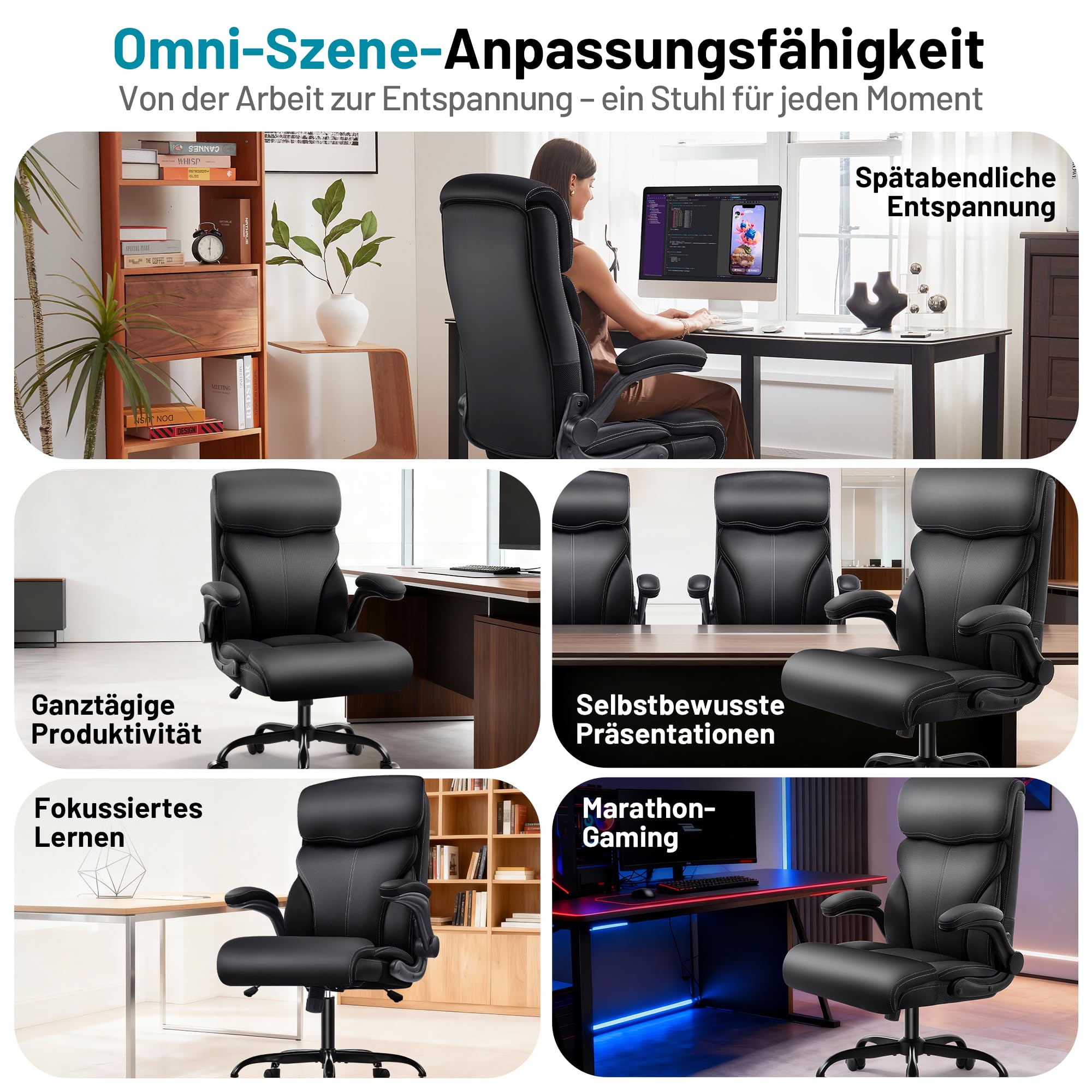 Ergonomischer Chefsessel aus PU-Leder mit Armlehnen, Schwarz | belastbar bis 180 kg , Hohe stabile Rückenlehne, höhenverstellbarer Drehstuhl mit Rollen, optimal für Büro & Homeoffice