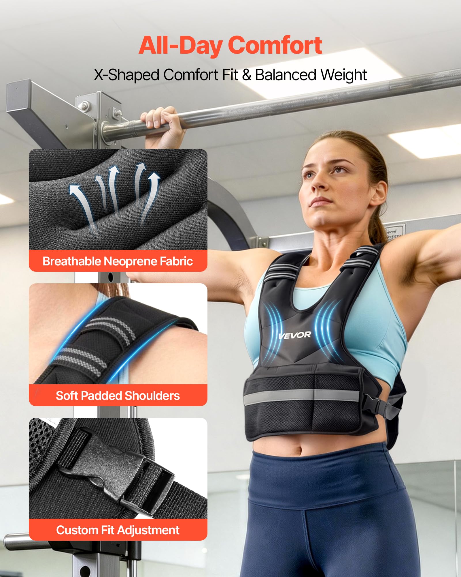 VEVOR Chaleco Lastrado Ajustable de 18,26 kg, Chaleco Ponderado con Forma de X, con 8 Paquetes de Pesas Extraíbles de 0,9 kg, para Entrenamiento de Fuerza, Correr, Fitness, Desarrollo Muscular