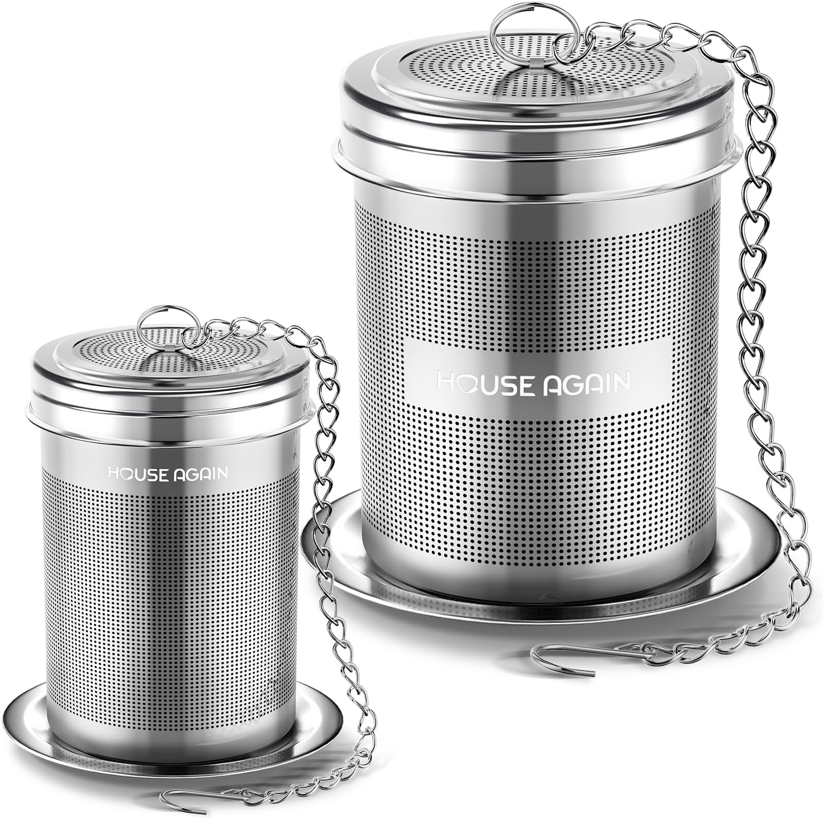 HOUSE AGAIN Tea Infuser (2 Pack, Large + Small), Extra Fine Mesh Tea Strainers for Loose Tea, 18/8 Stainless Steel Tea Strainer with Extended Chain Hook, Tea Steeper