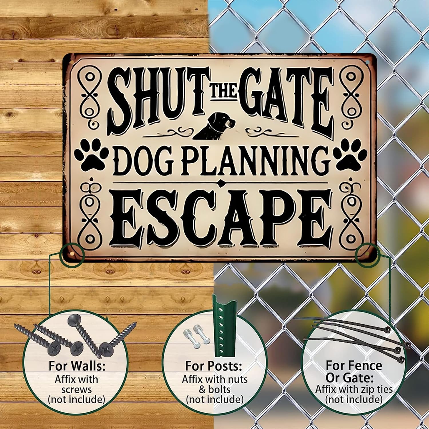 Shut the Gate Metal Sign Dog Planning to Escape, Vintage Fuuny Dog Tin Sign image 4