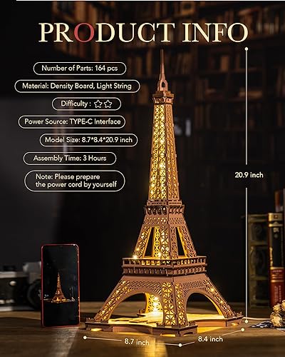 Miniatura 4 de Rowood Torre Eiffel, kits de modelos de rompecabezas 3D para adultos, rompecabezas de madera 3D para adultos, juego de construcción con LED,