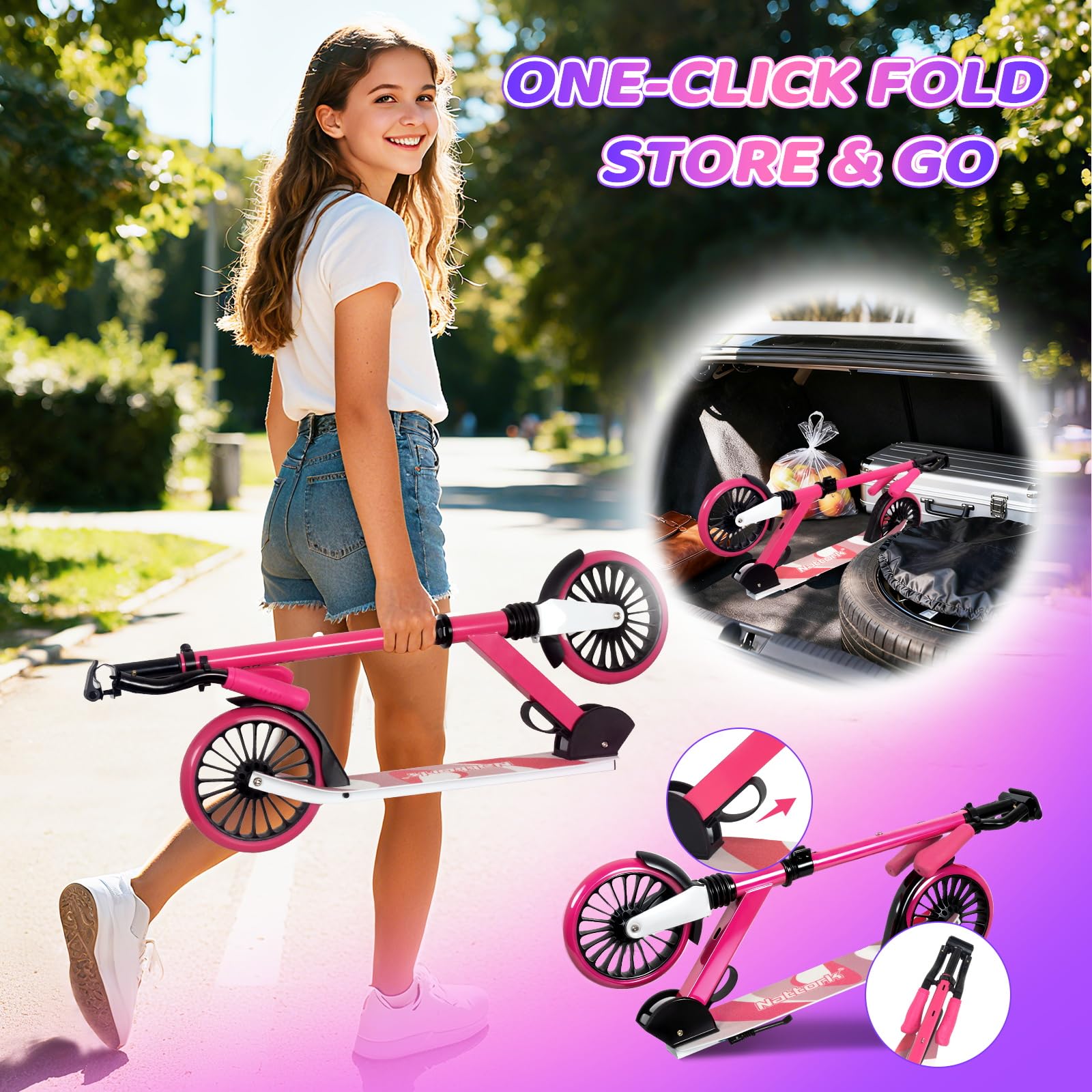 Nattork Kick Scooter hulajnoga dla dzieci do 100 kg, dla nastolatków i dorosłych, z regulacją wysokości i składana, z dużymi kołami 200 mm