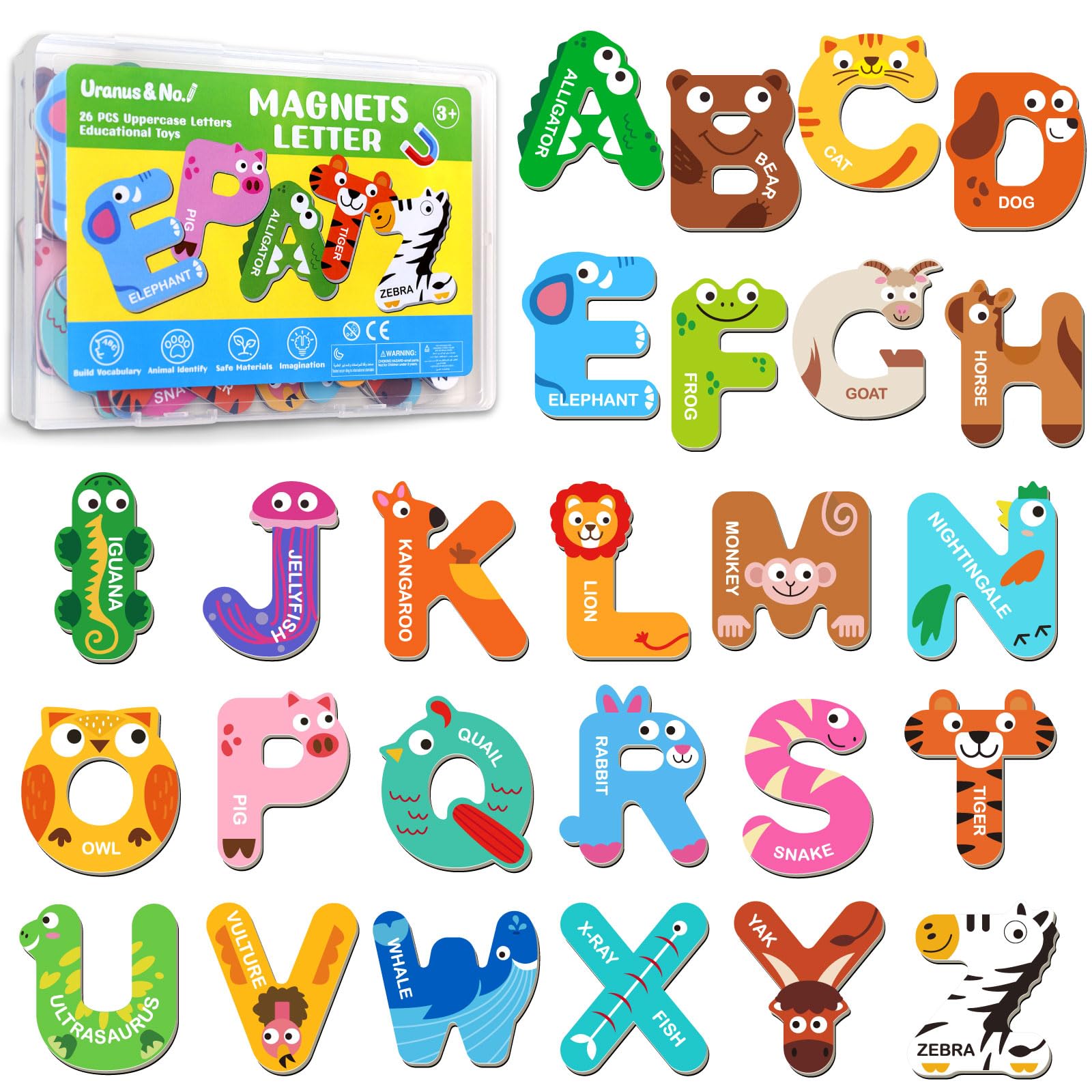 Magnetic Letters, Fridge Alphabet Magnets ABC for Toddlers 1-3, 26 PCS Cute Animal Uppercase Refrigerator Toys, Preschool Spelling Learning Games, Ideal Educational Gift for Kids 3 4 5 Years Old