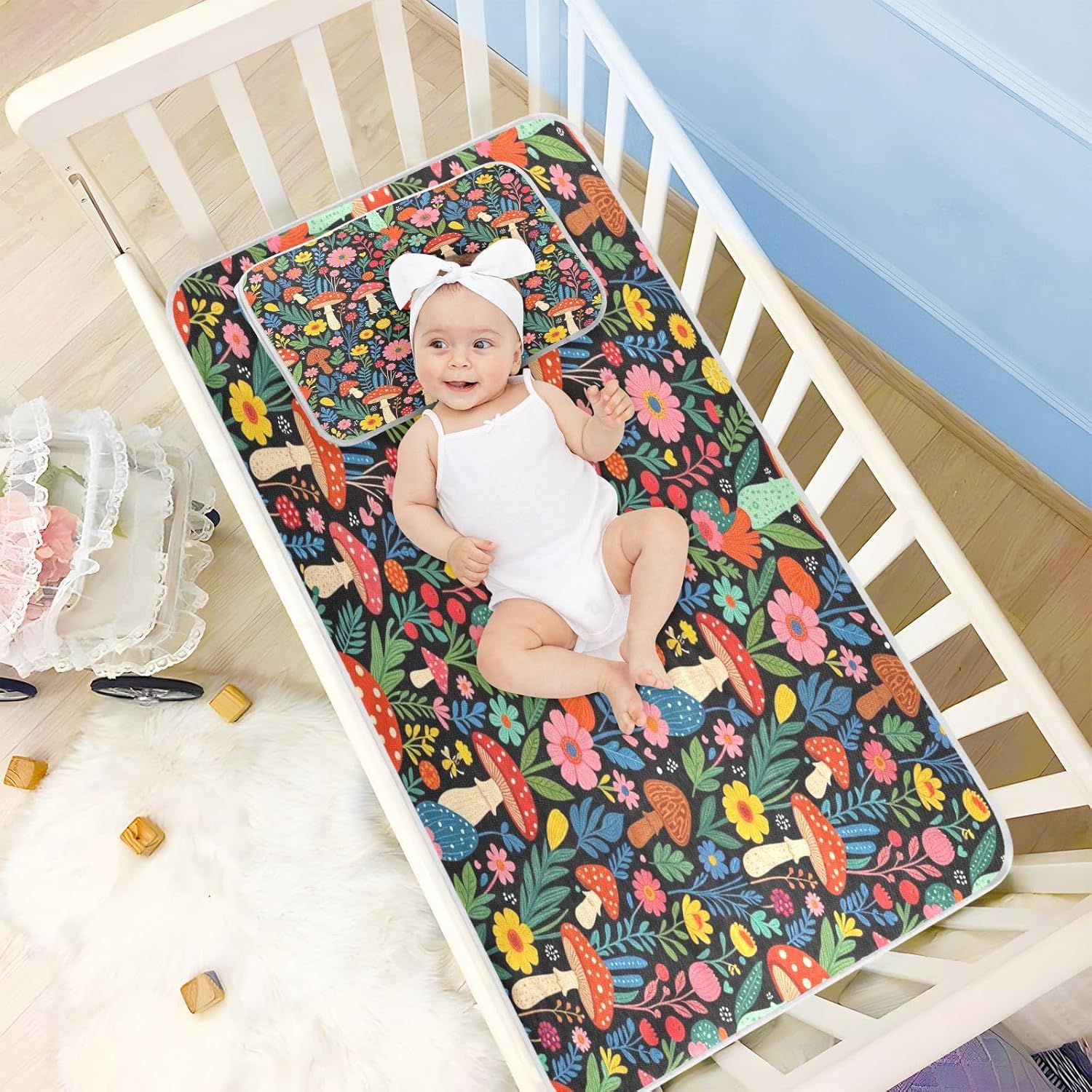 Cooling Baby Mattress Pads 28" x 52" Reusable Colorful Shroom Black Pads for Bed for Baby&Toddler