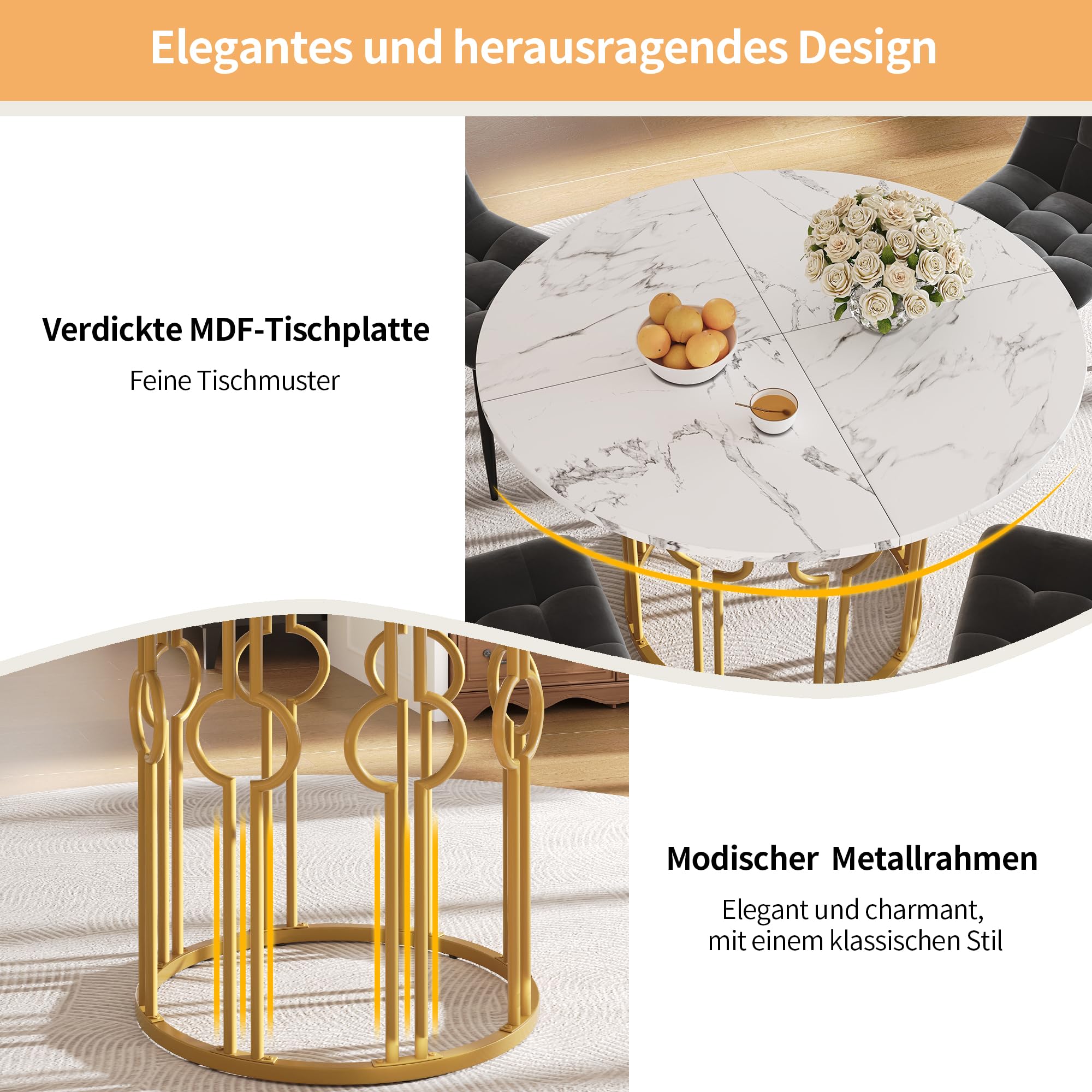 Merax Esstisch Runder 100cm, Moderner Küchentisch für 4-6 Personen, Esszimmertisch für Küchen, Wohnzimmer, Esszimmer, Büro, Künstlerisch geformte goldene Metallbeine, marmorierte MDF-Tischplatte