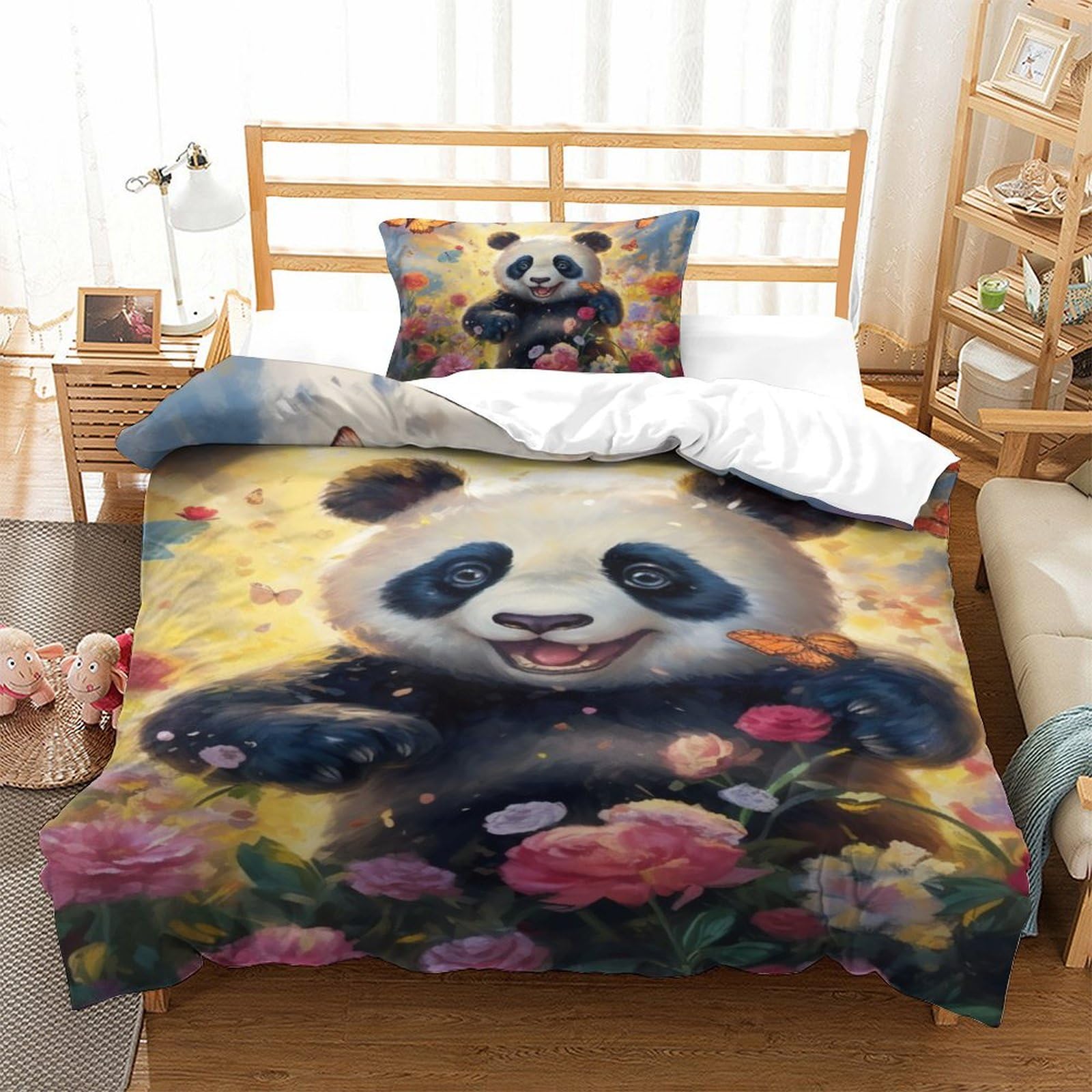 Housse de couette panda anti-plis avec fermeture éclair lit single