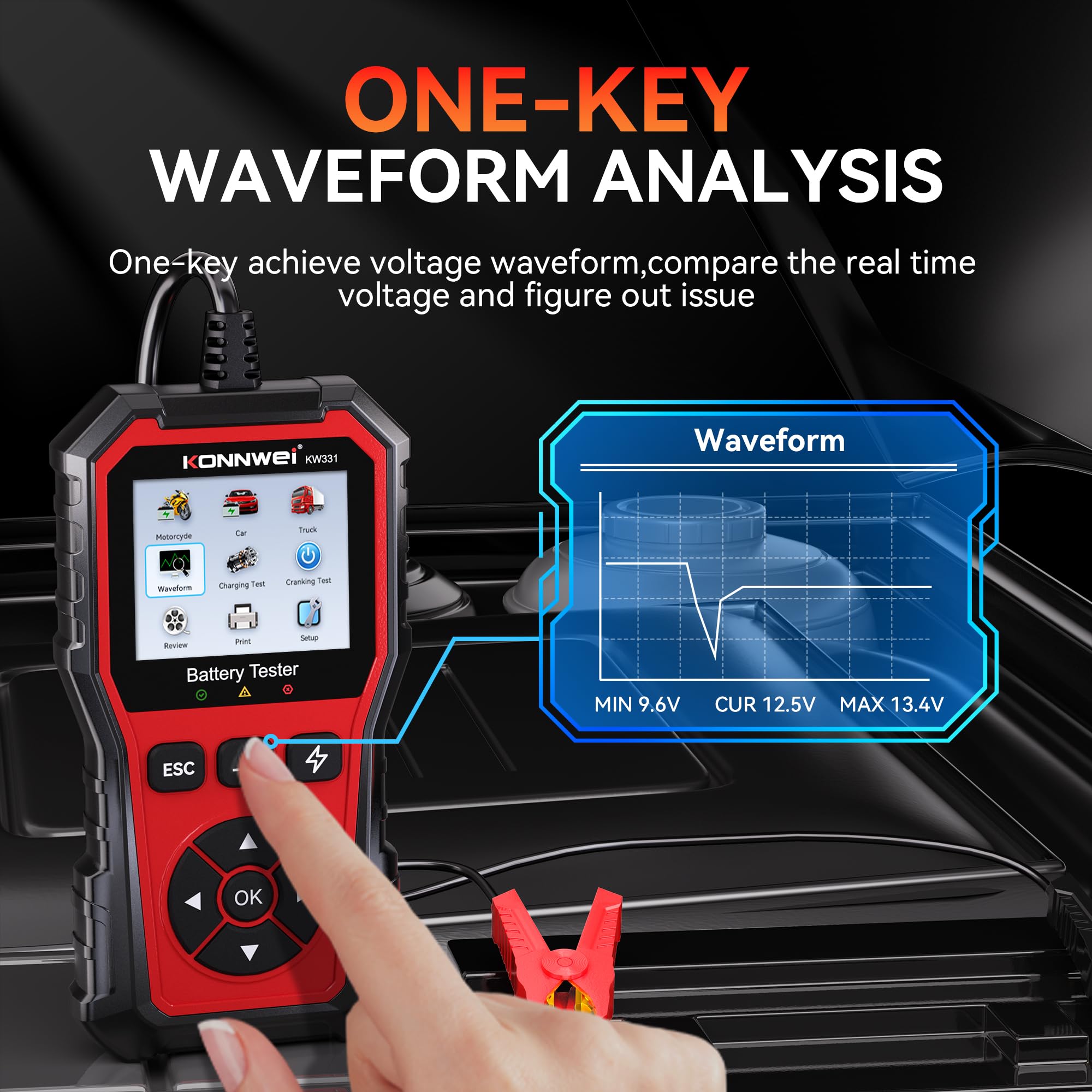 KONNWEI KW331 10-2000 CCA Comprobador de Baterías con Impresión en la Nube 6V 12V 24V AGM Litio Gel Analizador Digital Alternador Sistema de Carga y Arranque para Vehículos Camiones Motocicletas
