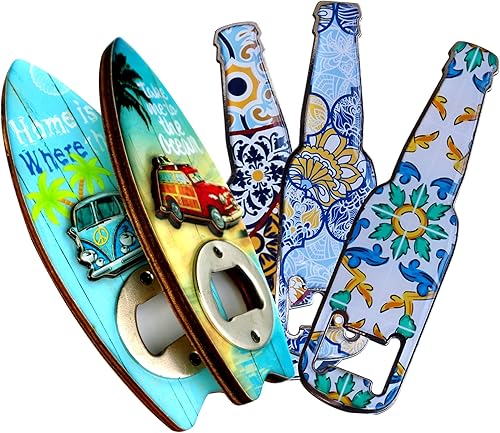 Juego de 5 abridores de cerveza profesionales únicos y hechos a mano  Juego decorativo colorido  Material duradero de metal y madera  Juego total de