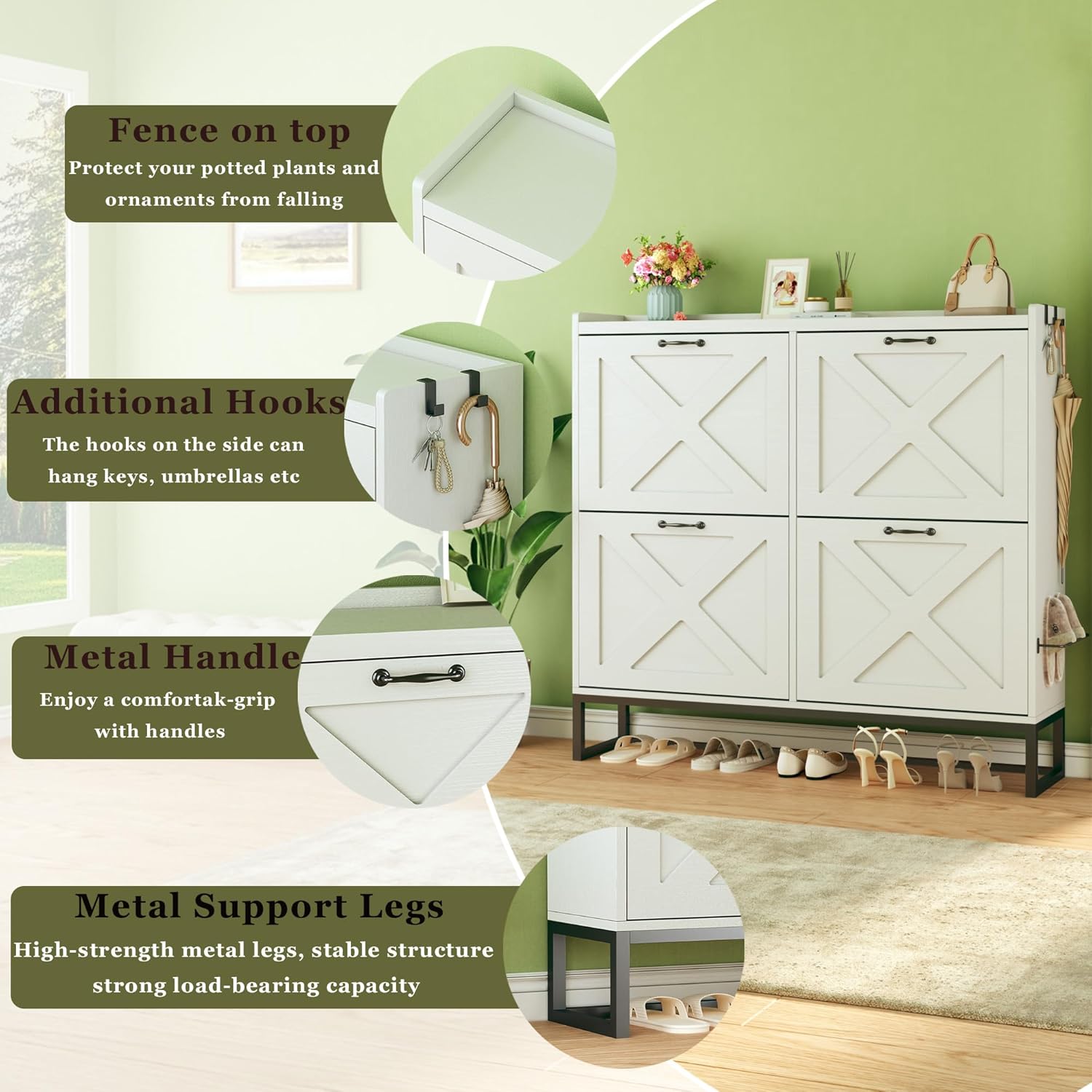 Shoe Cabinet with 4 Flip Drawers, Storage Cabinet with Mounted Rack & Adjustable Shelves, Narrow Shoe Cabinet with Metal Legs, White, for Entryway, Hallway