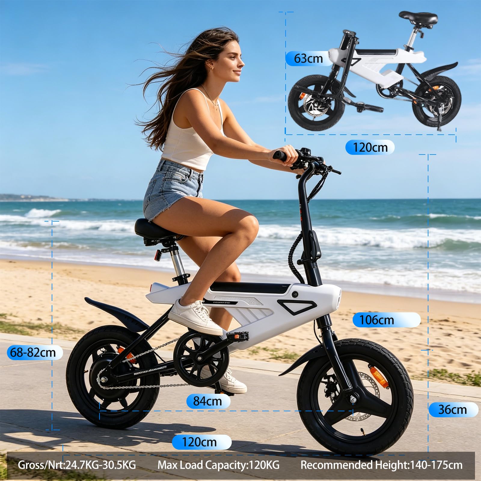 AVDL Bici Elettrica Pieghevole per Adulti, Batteria Rimovibile 36V 6,4Ah, Pneumatici 14" x 2,13, Doppi Freni a Disco e Sospensione Completa, per Pendolari Urbani, Uomo e Donna