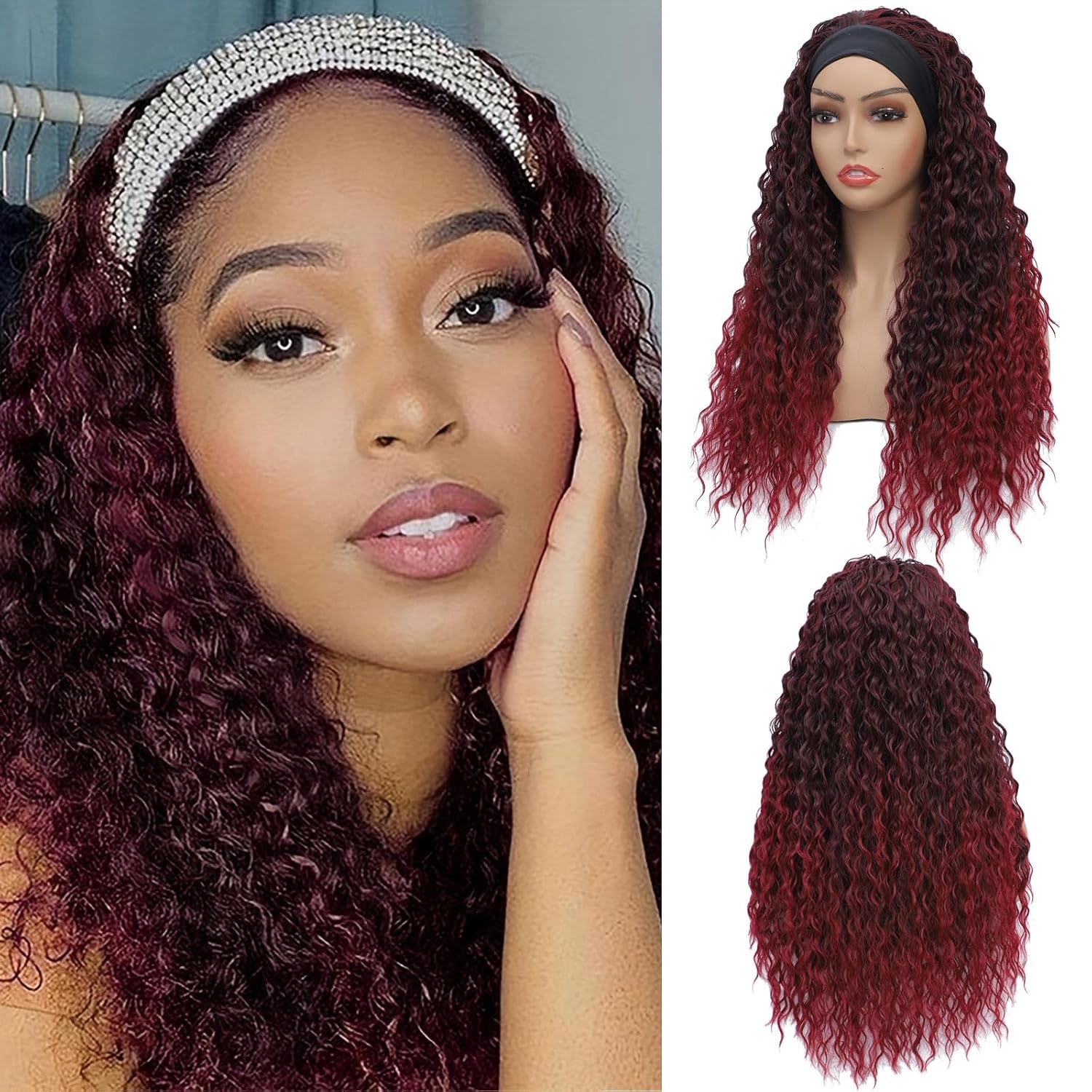 Aksice Headband Wig Curly, Headband Wigs for Black Women