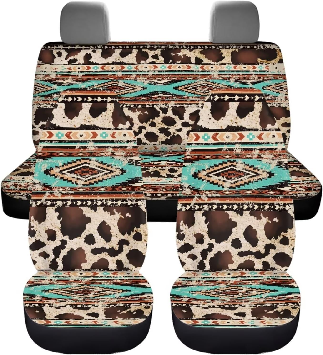 Howilath Ethnic Geometric Aztec Car Seat Cover Full Set Accessories Interior Decor, Universal Fit Brown Cow Spot Front & Rear Seat Protectors for Men Women image 5