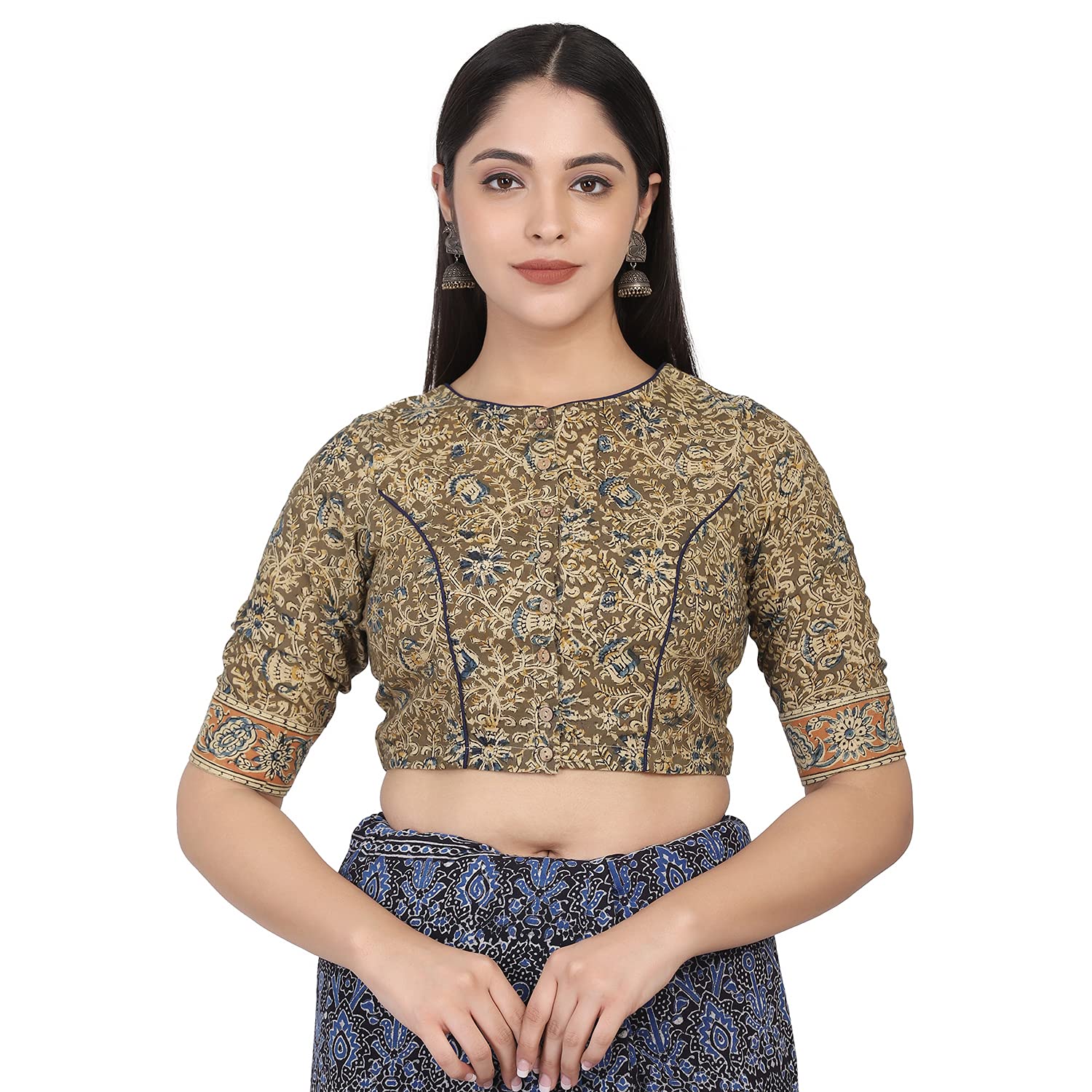 Green Kalamkari Hand Block Printed Cotton Casual Readymade Blouse-image-38