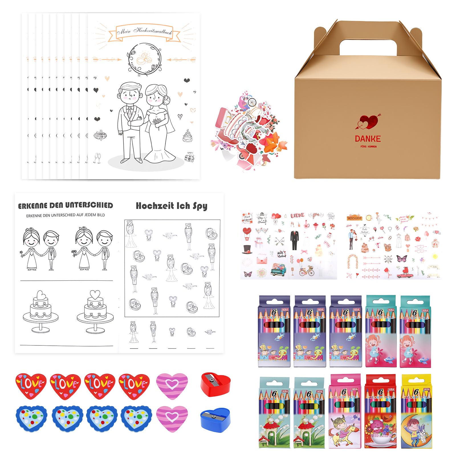 Eyoulife 10 Pack Kids Wedding Activity Packs with Box, Children Colouring Books, Crayons, Heart Erasers & Sharpeners, Keepsake Party Favours Table Games Gift Set, English Edition(English Version)