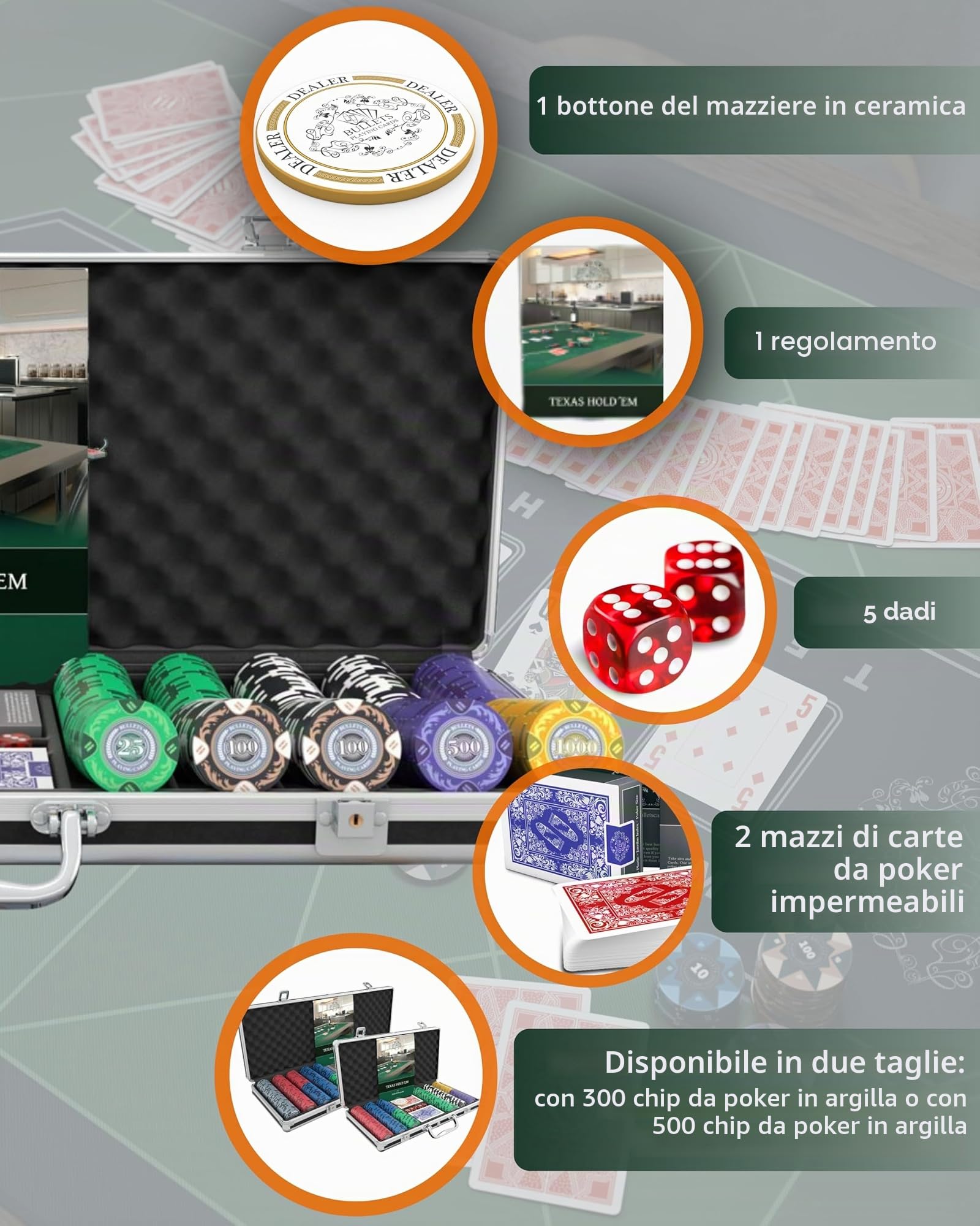 Bullets Playing Cards, Valigetta da Poker Tony | 500 gettoni in Argilla, 2 Giochi di Carte Blu e Rosso, 5 dadi, 1 Pulsante Dealer in ceramica, 1 libretto con le regole del Gioco