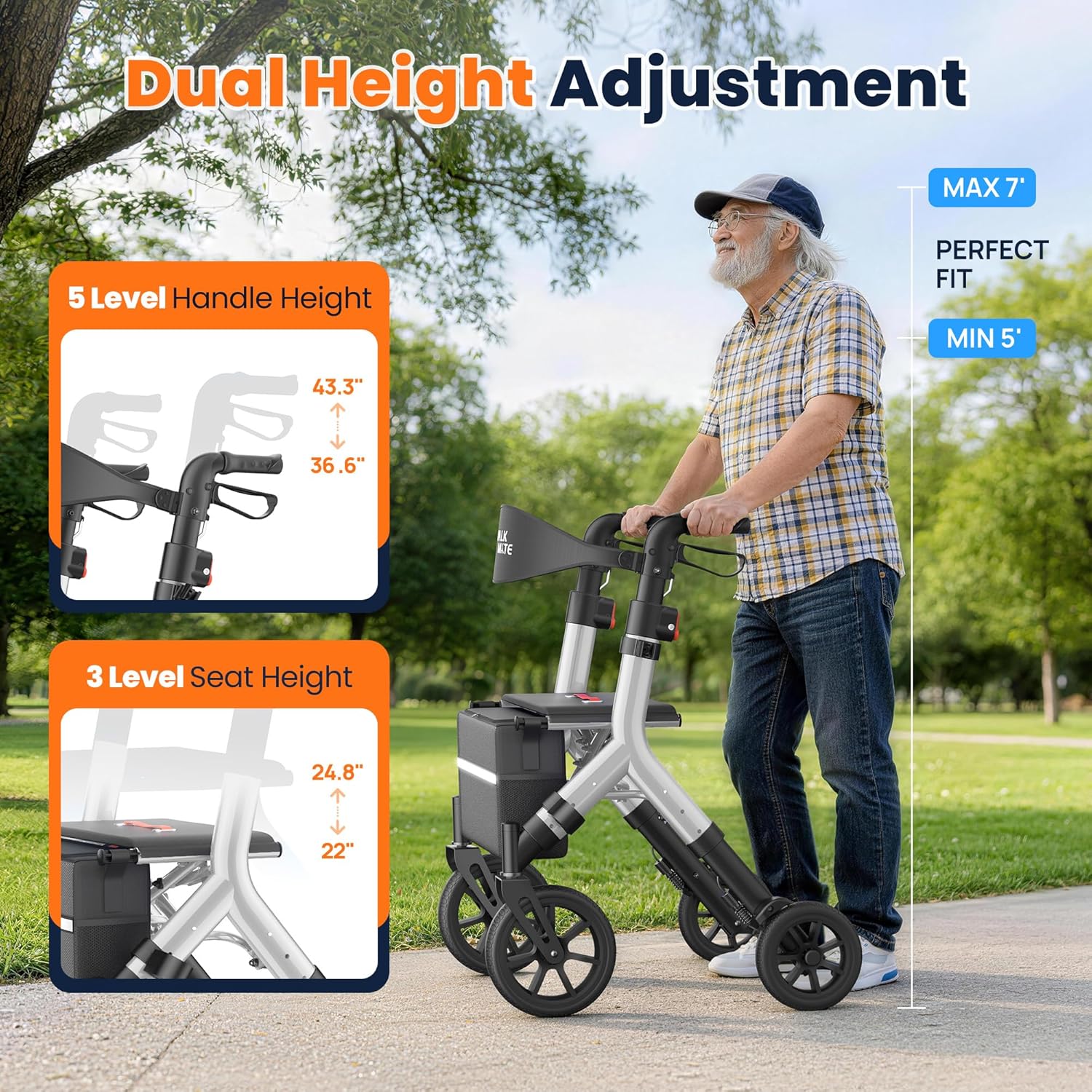WALK MATE Rollator Walker for Seniors 5.3~7ft Tall, Height-Adjustable Seat, Built-in Cable, 10 Inch Wheels, 16.5 lb Lightweight & Compact Folding Design, 300 lb Capacity, Silver