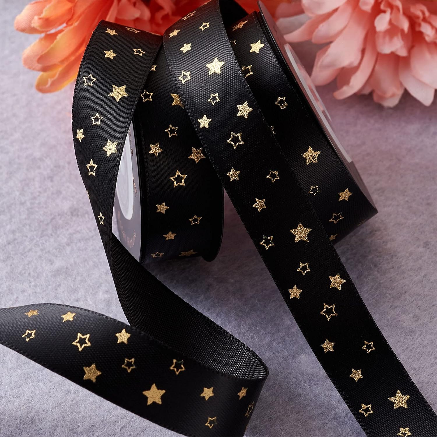 PandaHall 2 Roll 20 Yards Star Printed Satin Ribbon 5/8''Wide Black Decorative Ribbon with Gold Foil for Gift Wrapping Handmade Craft Party Wedding Decoration - Image 5