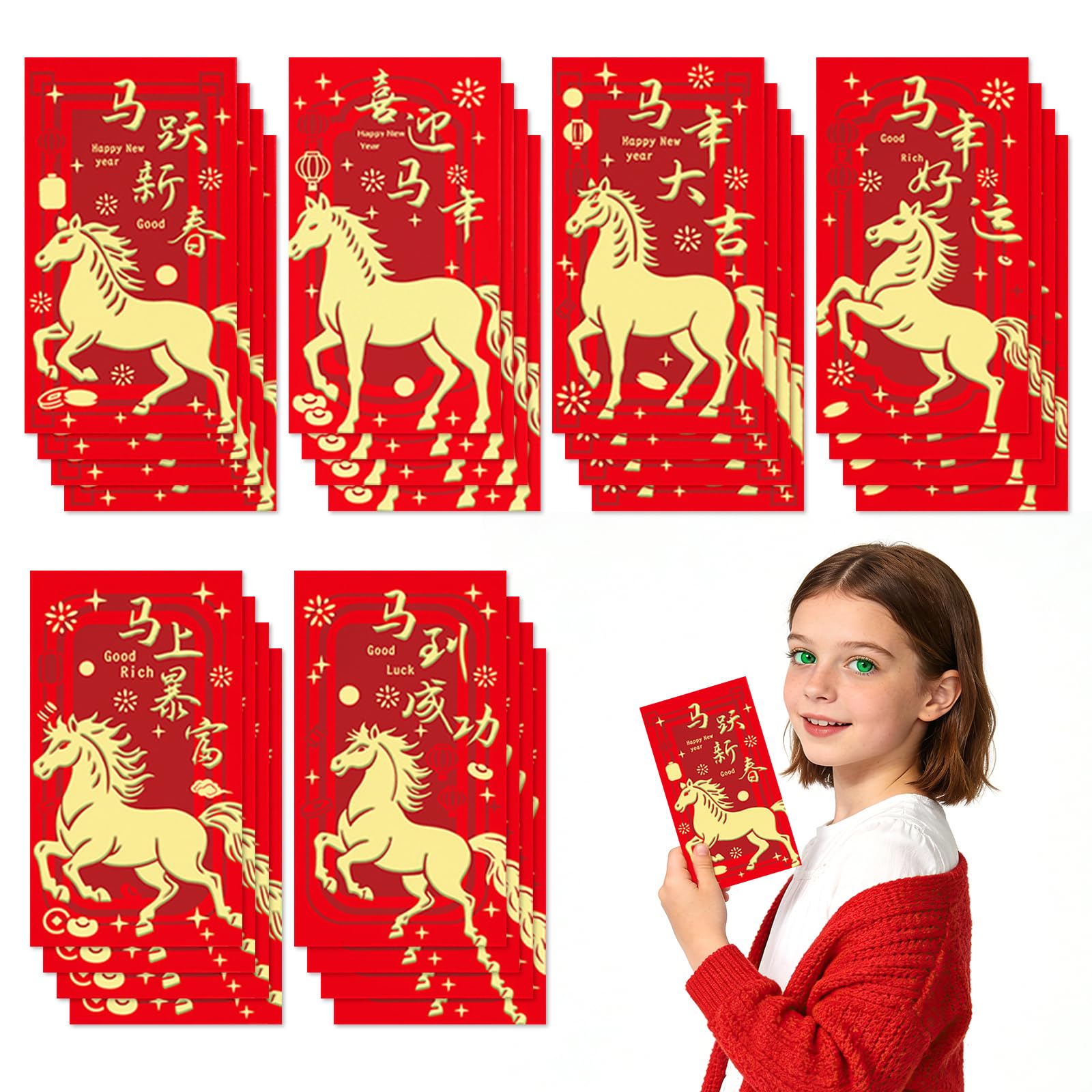24 Pcs Chinese Red Envelopes, Chinese New Year Red Envelopes 2026 Horse, Reds Envelope, Lucky Money Envelope for Cash Small Gifts, for Spring Festival, Lunar New Year, Weddings, Birthdays, etc