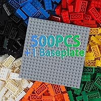 HUIZDQ 500 Piece 2x4 Classic Building Bricks Bulk Set with Gray Baseplate - Compatible Lego-Style Blocks, 7 Colors for Kids 6+