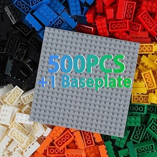 HUIZDQ 500 Piece 2x4 Classic Building Bricks Bulk Set with Gray Baseplate - Compatible Lego-Style Blocks, 7 Colors for Kids 6+