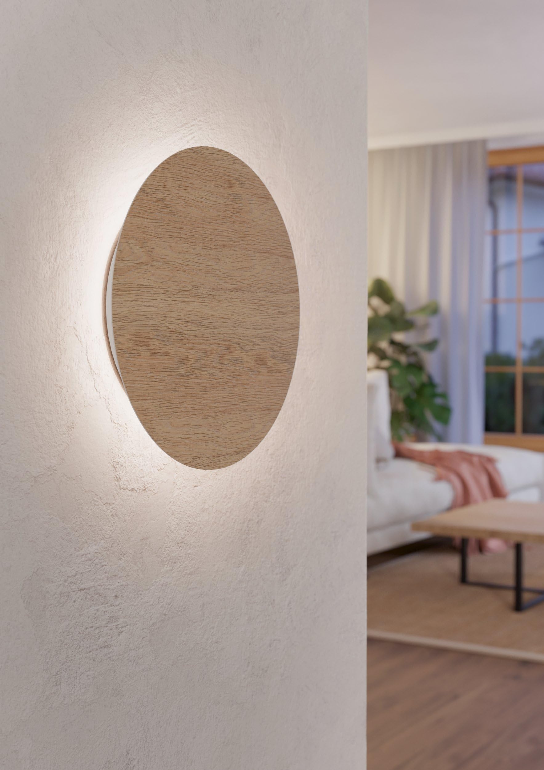 Eglo Alamilo Lampada da parete a LED, applique rotonda, per interni | faretto spot a luce indiretta, per soggiorno e corridoio, in legno naturale e metallo bianco, bianca calda, FSC