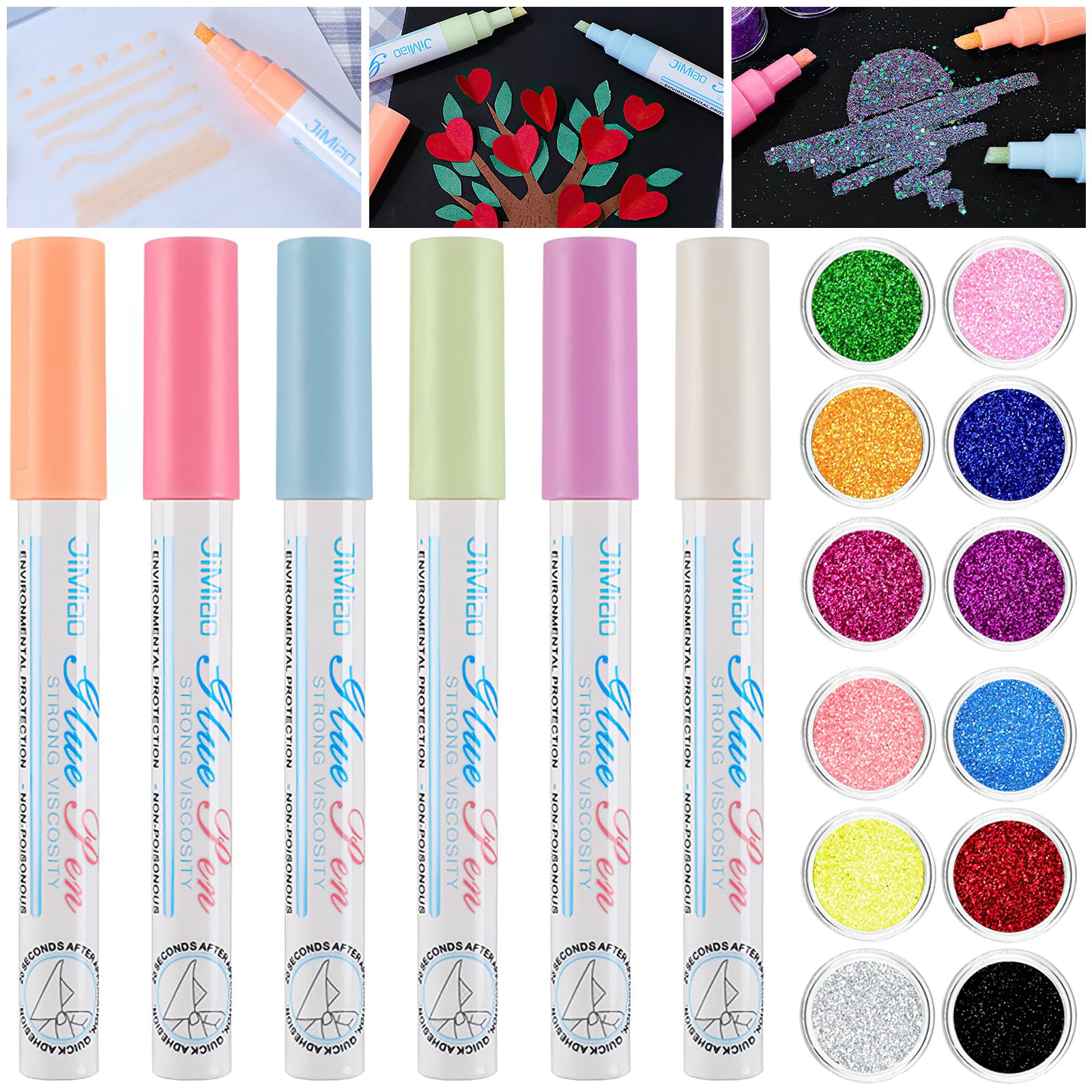 Elezeal 6 PCS Glue Pens Set Fabric Tip with Holographic Chunky Glitter - Quick Dry, Colorful Adhesive for Greeting Card Making, DIY Papercrafts, Scrapbooking, Handmade Crafts