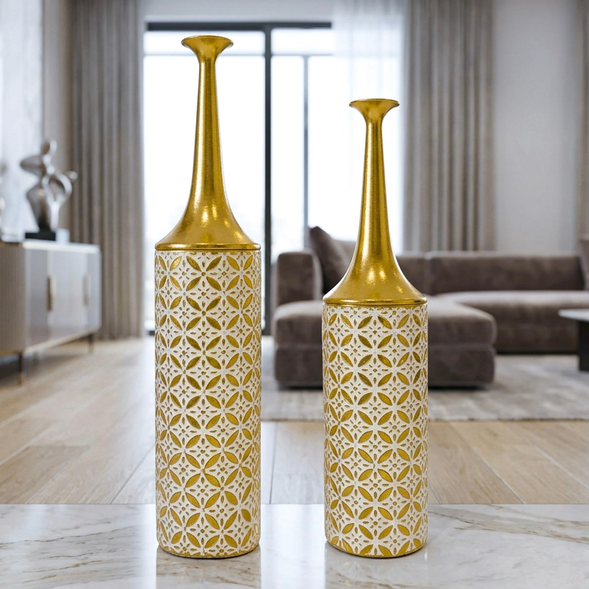 Leewadee Lot de 2 Grands Vases sur Pied Métal pour Pampa | 2 Vases Déco pour le Salon, en paire près cheminée & TV pour Pampa & branches. Incassable, sans éclats