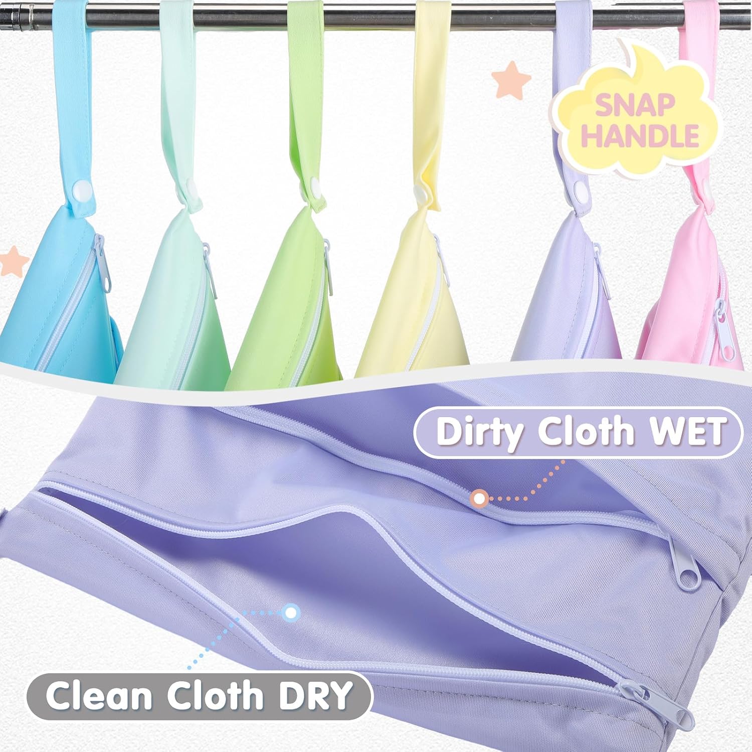 6 Pack Wet Dry Bags for Baby Cloth Diapers, 12" X 14", Mermaid Color