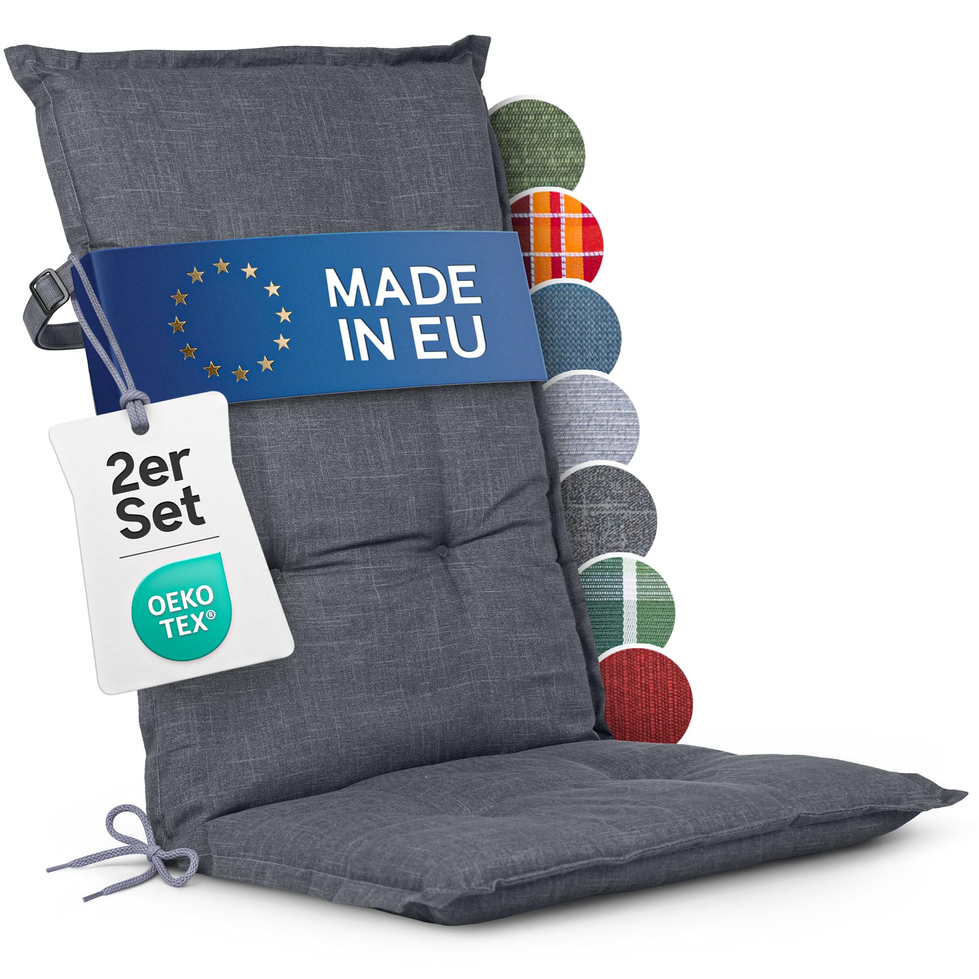 Hochlehner Auflagen 2er Set - 120x50 cm - Gartenstuhlauflagen Sitzauflagen - Oeko-Tex zertifiziert - Hochlehner Polster - Gartenstuhl Stuhlauflagen mit Befestigung - Made in EU - Antrazit