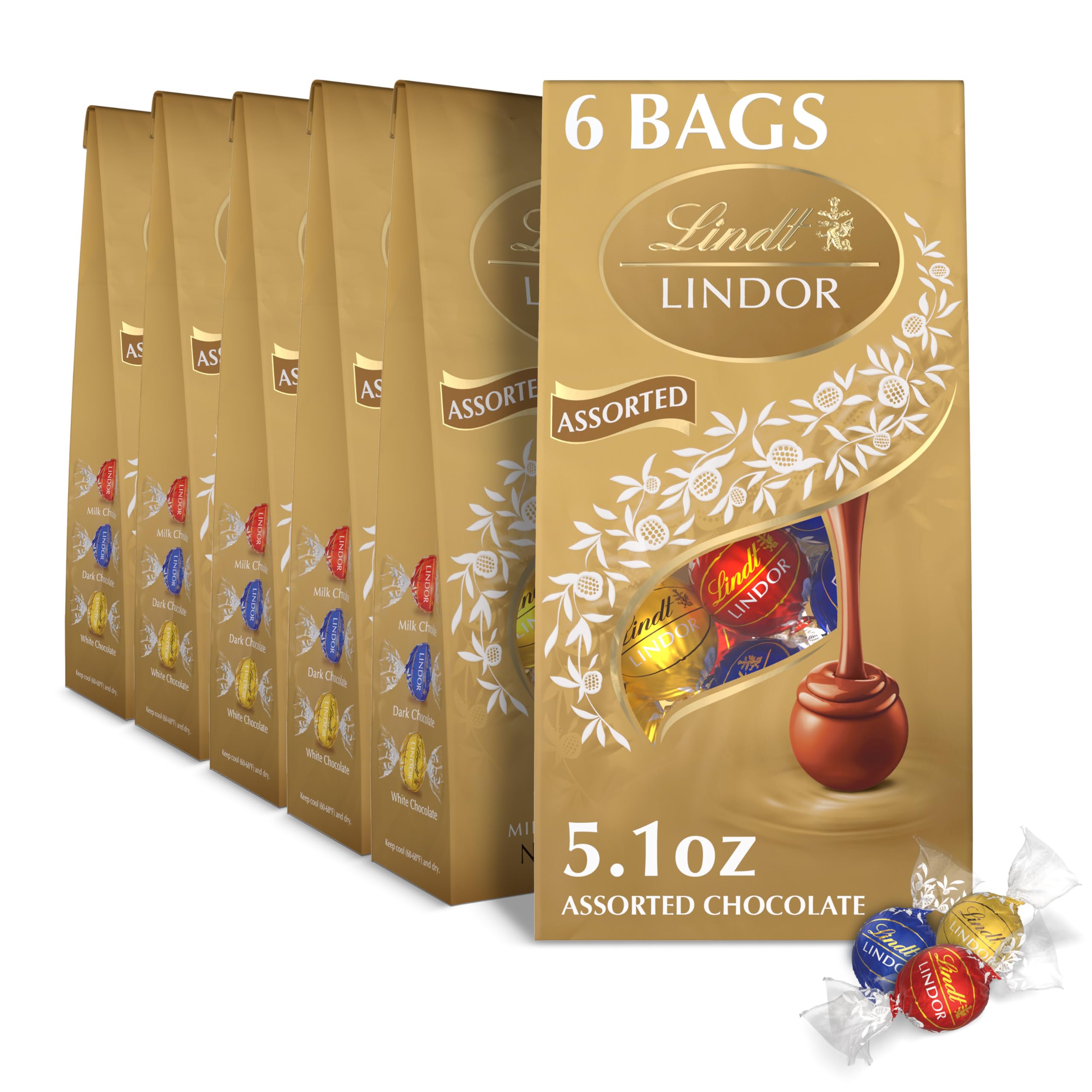 Lindt LINDOR Assorted Chocolate Truffles, Chocolate Candy with Smooth, Melting Truffle Center, Great for Gift Giving, 5.1 oz. Bag (6 Pack)