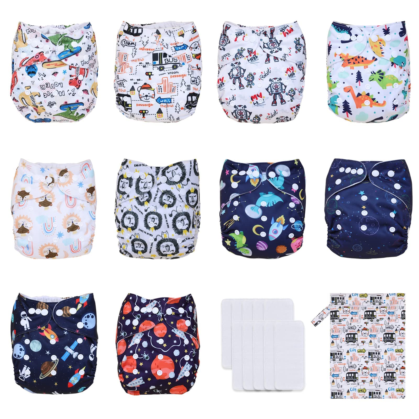 Baby Cloth Diapers Washable Reusable One Size Adjustable for Baby 10 Pack with 10 Pcs Microfiber Inserts, 1 Wet Bag