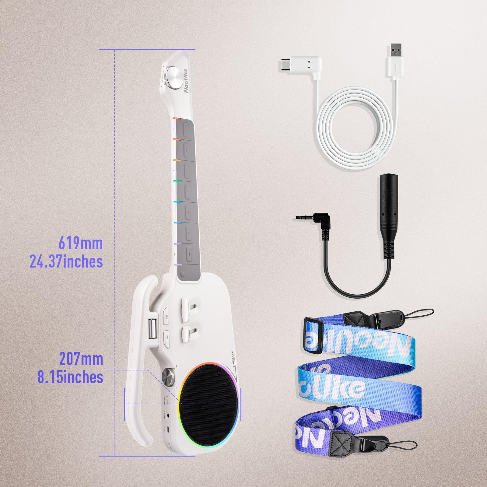 SONICAKE Chitarra Intelligente Senza Corde, Ukulele Digitale con Tastiera Illuminata per Principianti, Strumento da Viaggio Portatile con Altoparlante BT 10W Integrato, Auto Accompagnamento e App
