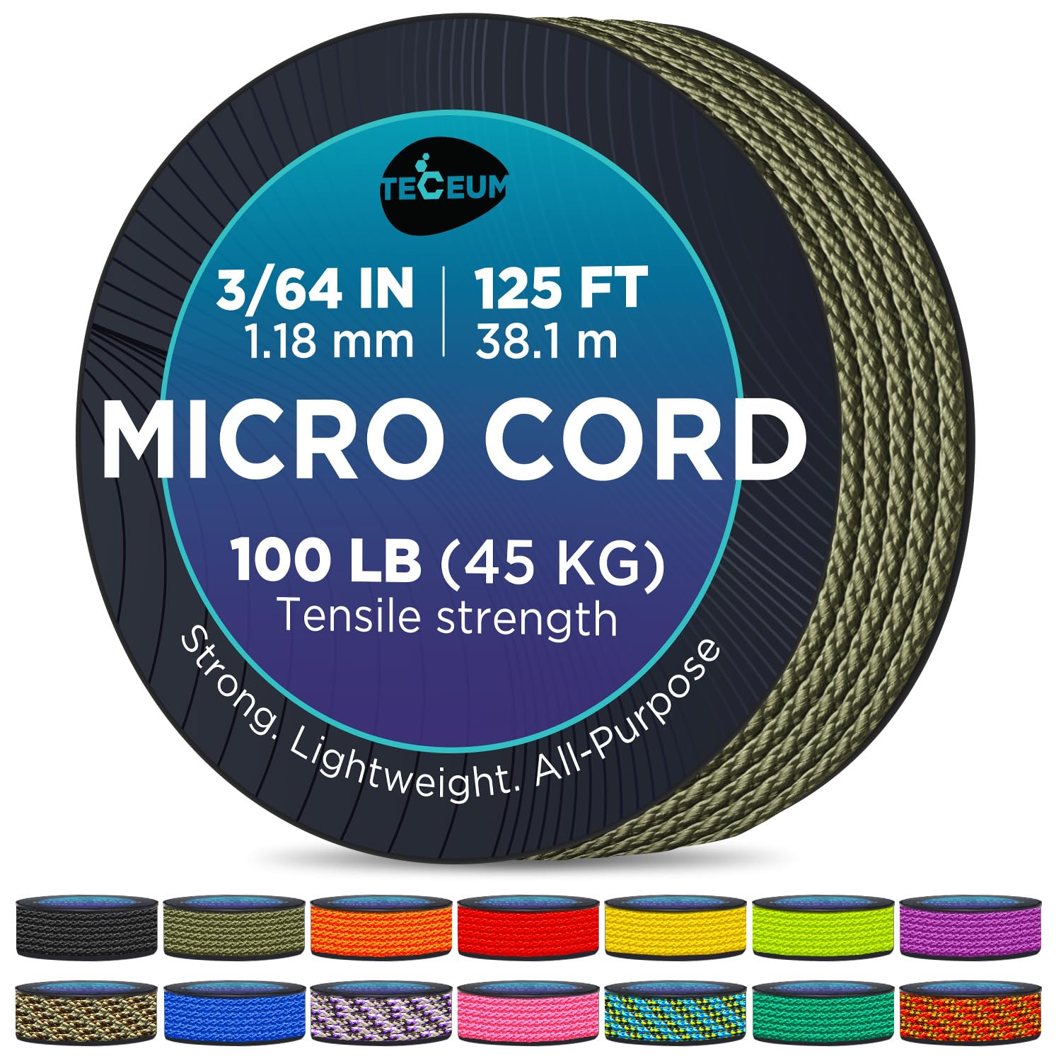 TECEUM Micro Paracord – 1.18 mm X 125 ft – Micro Utility Cord – Thin Braided Paracord Rope – Best for Crafting, DIY Projects, Fishing, Camping – Wind Chime Replacement – Survival Strong String
