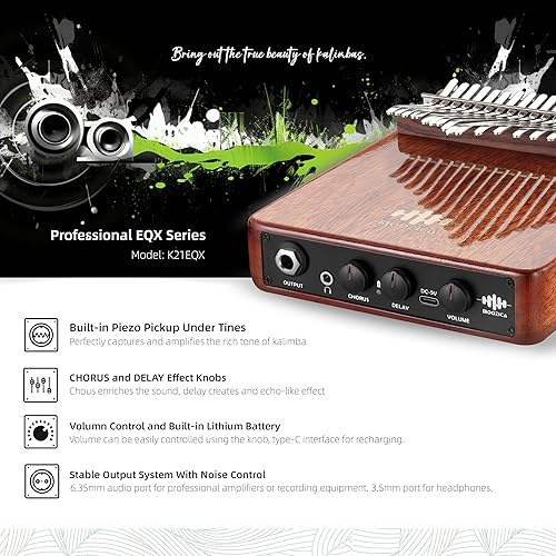 Miniatura 10 de MOOZICA Kalimba profesional de la serie EQX, pastilla piezoeléctrica incorporada de 17 teclas, piano de pulgar Kalimba con coro y control de efecto