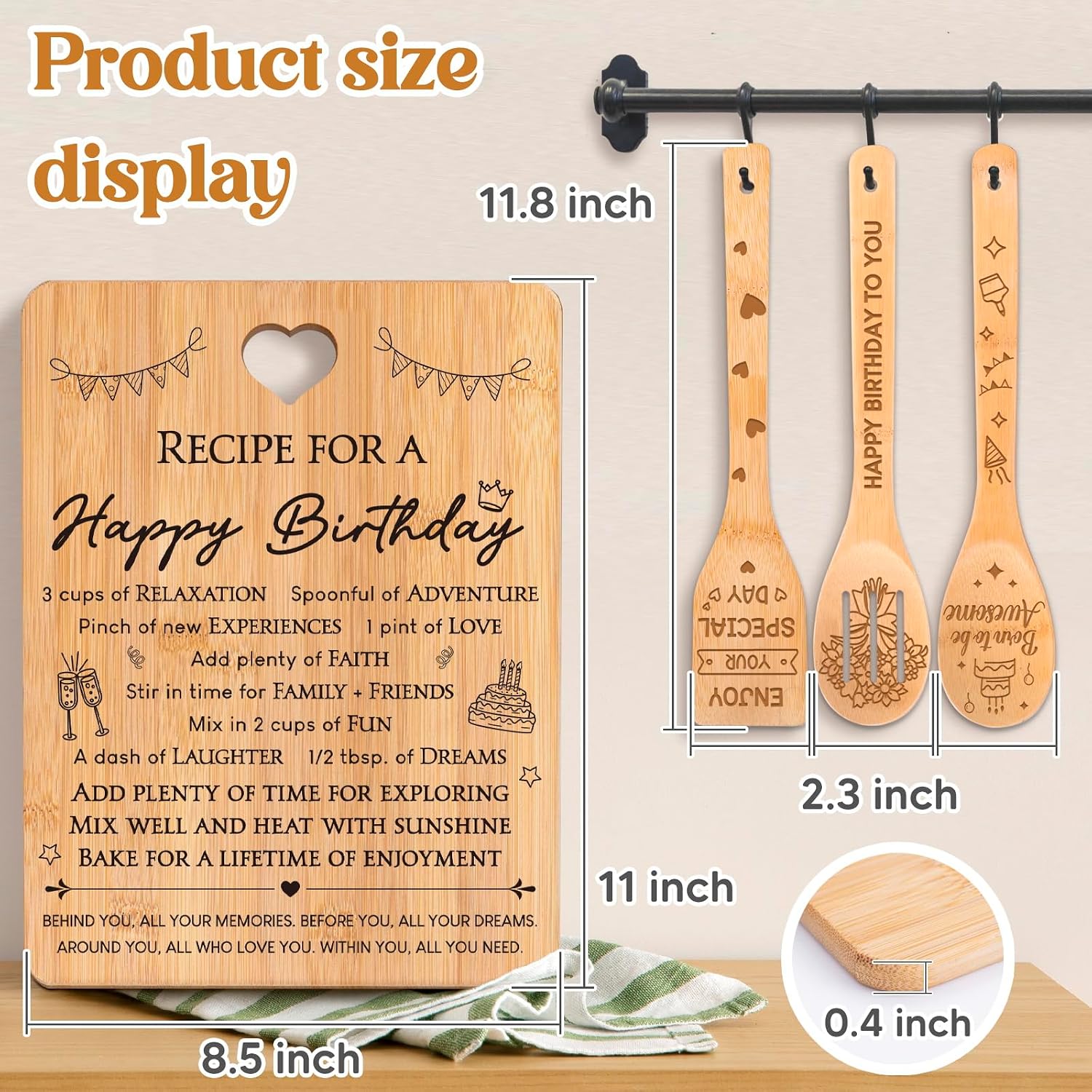 Birthday Gifts for Women - "Recipe for a Special Happy Birthday" Birthday Gifts for Men Cutting Board Set, Bamboo-Made Engraved Utensil Set Gifts for Women Birthday.
