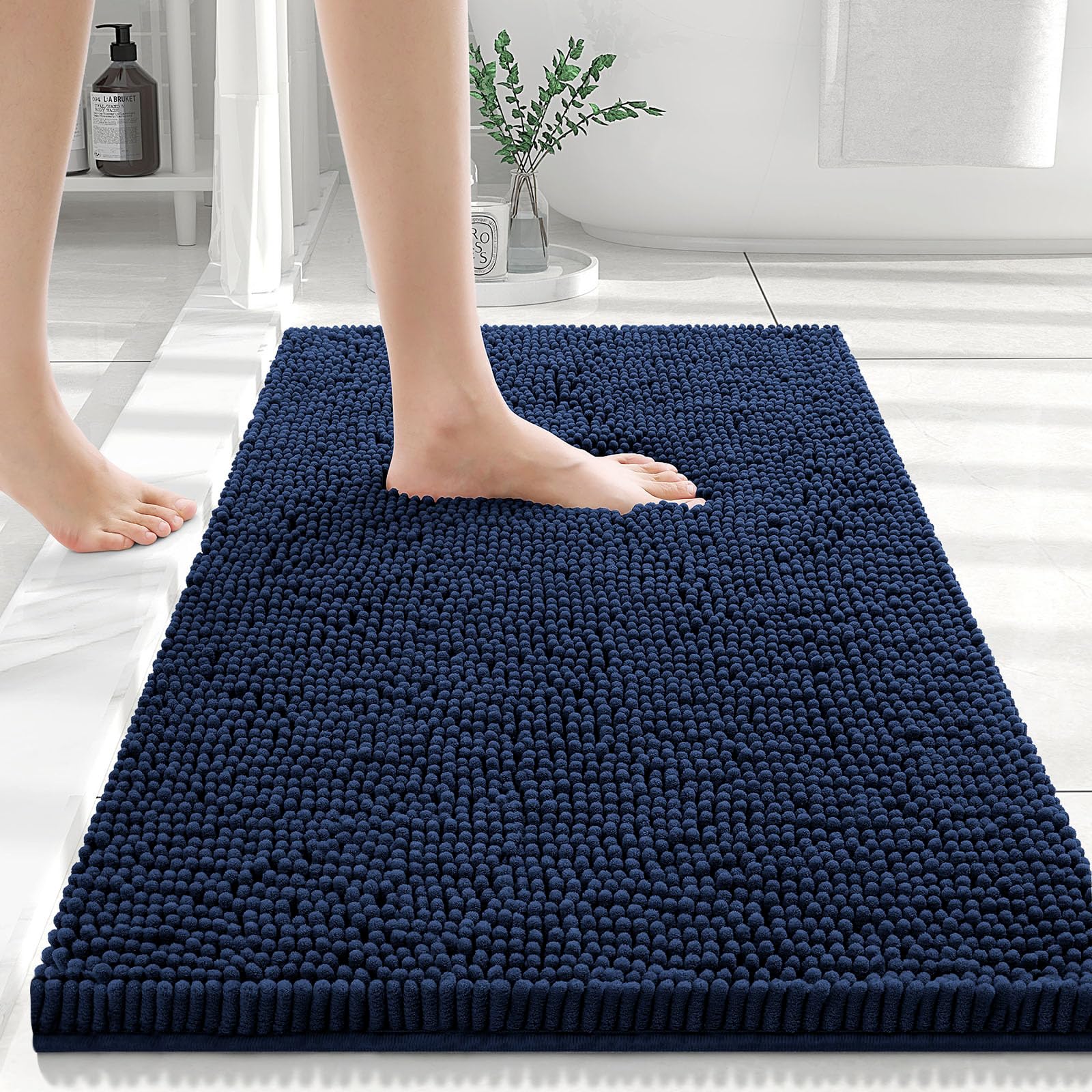 smiry Chenille Bath Mat, 60 x 90 cm, Non-Slip Super Absorbent Bathroom Mat Extra Soft Fluffy Bath Mats for Bathroom Thick Machine Washable Bathroom Floor Mats, Navy Blue