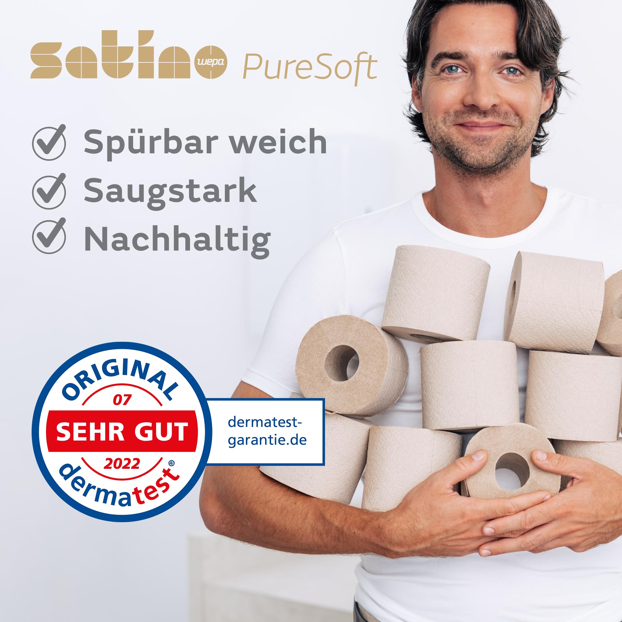 Satino PureSoft Toilettenpapier 2-lagig – extrem weich & äußerst umweltfreundlich dank 100% Recyclingpapier – Made in Germany – 100% recycelbar – Großpackung mit 48 Rollen – 400 Blatt je Klorolle
